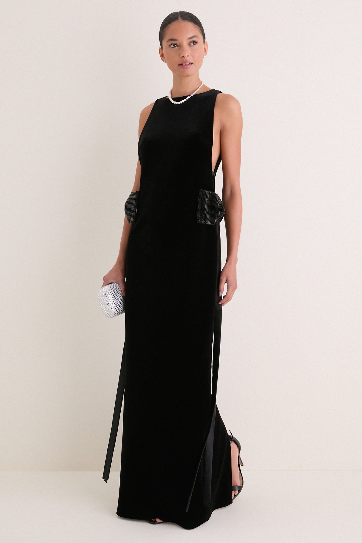 Black Velvet Bow Sides Maxi Dress