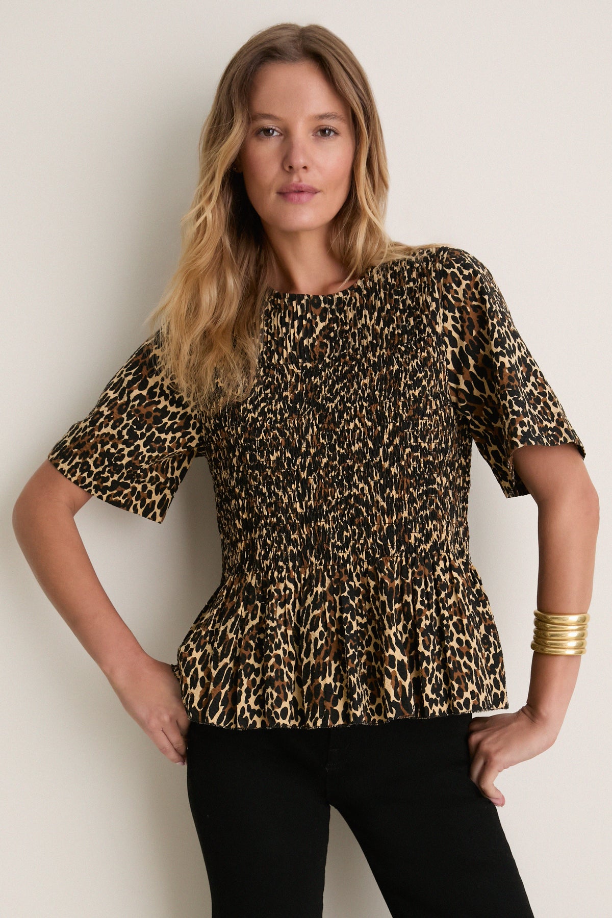Tan Leopard Smocked Flounce Top