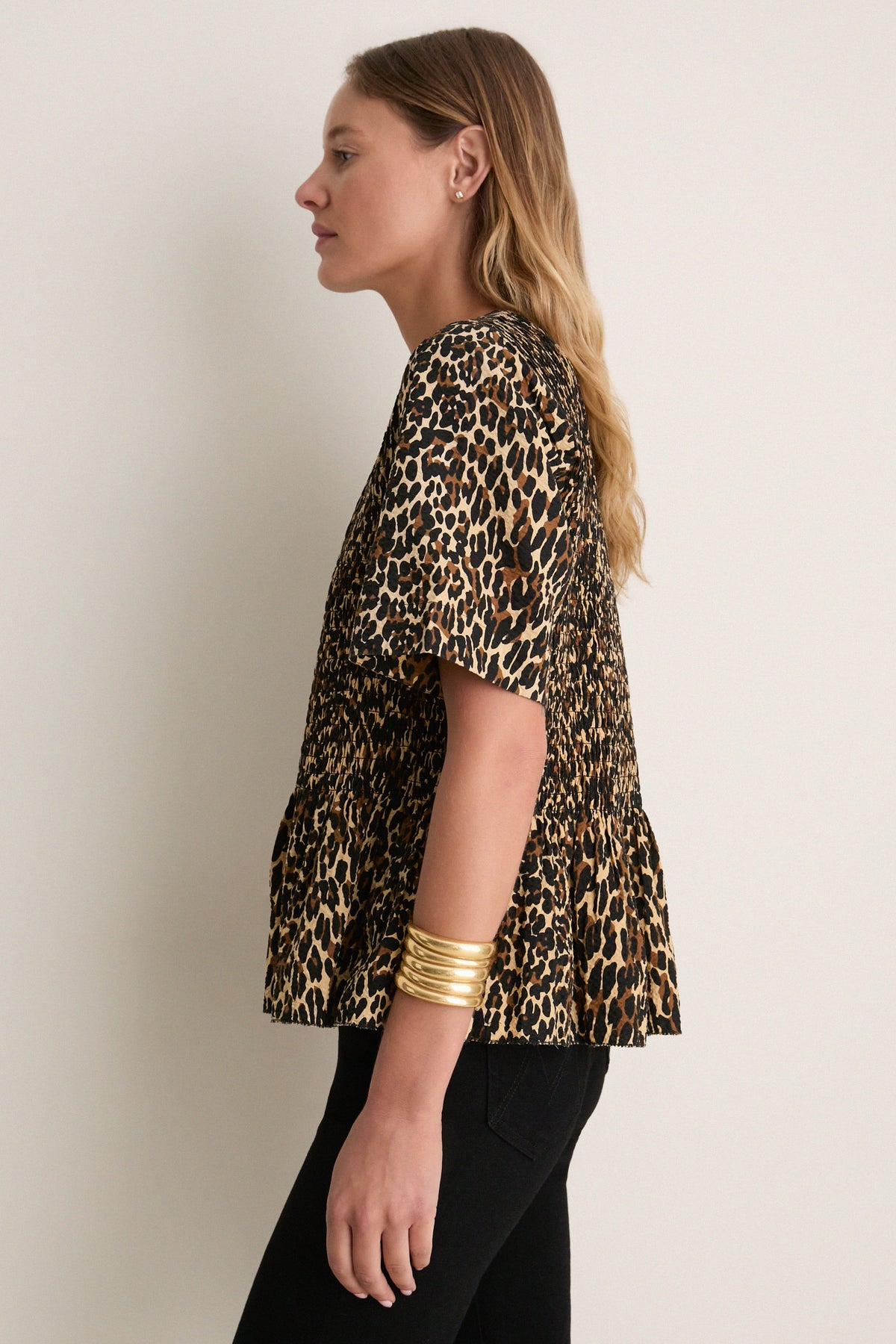 Tan Leopard Smocked Flounce Top