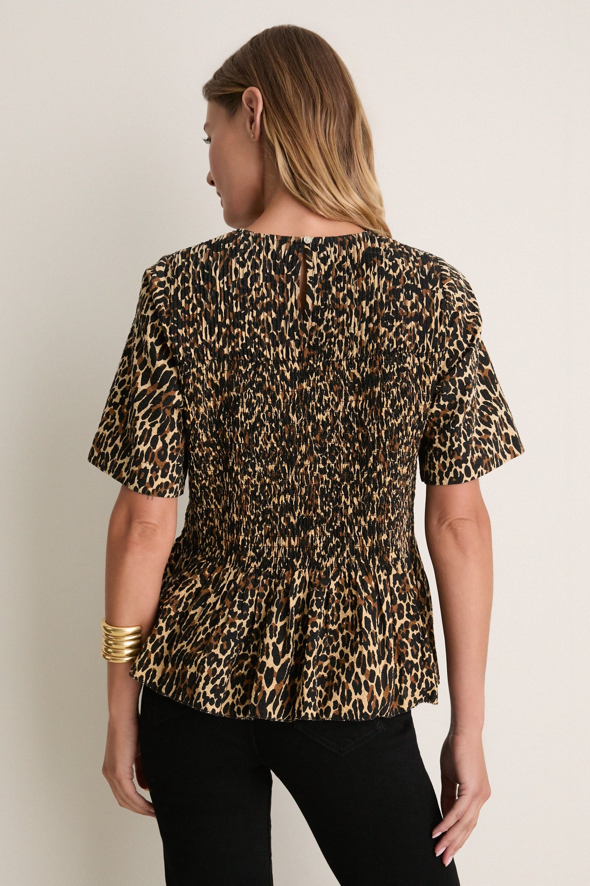 Tan Leopard Smocked Flounce Top