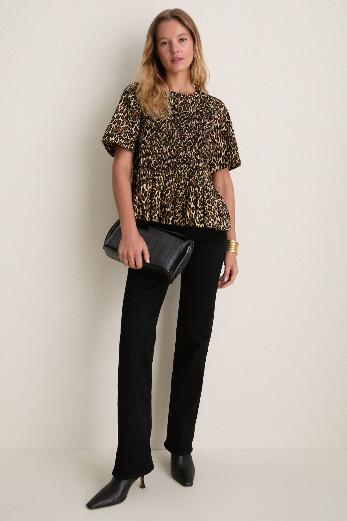Tan Leopard Smocked Flounce Top
