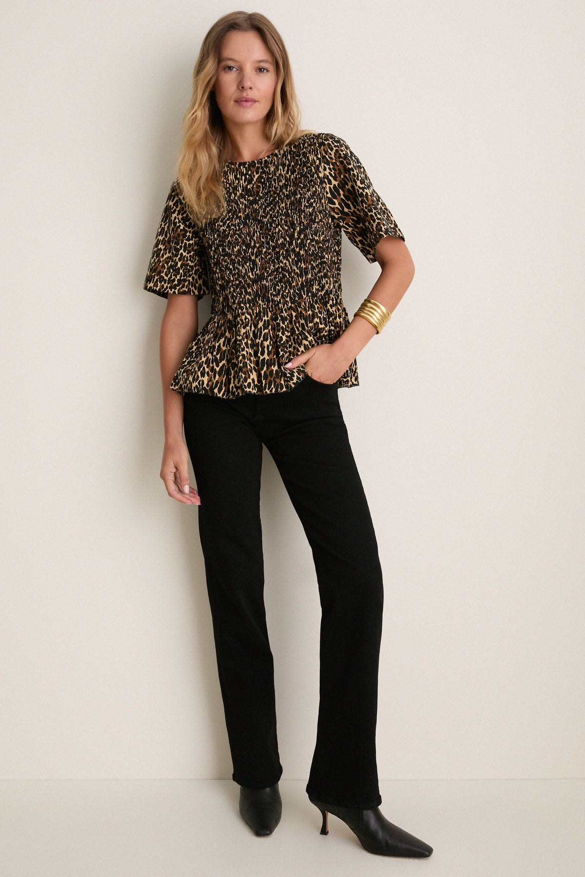 Tan Leopard Smocked Flounce Top