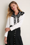 Cream with Black Color Block Embroidered Western Shirt