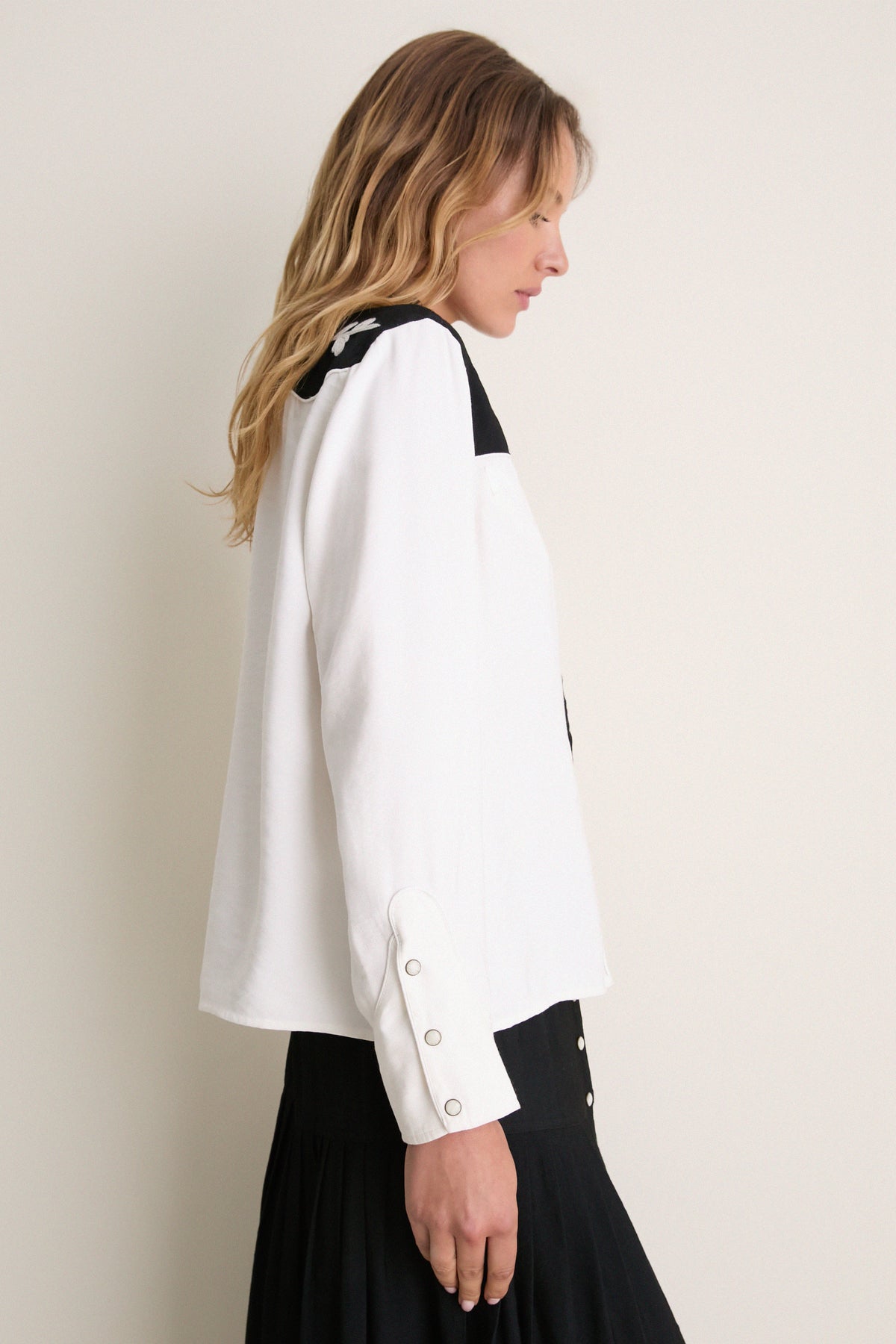 Cream with Black Color Block Embroidered Western Shirt