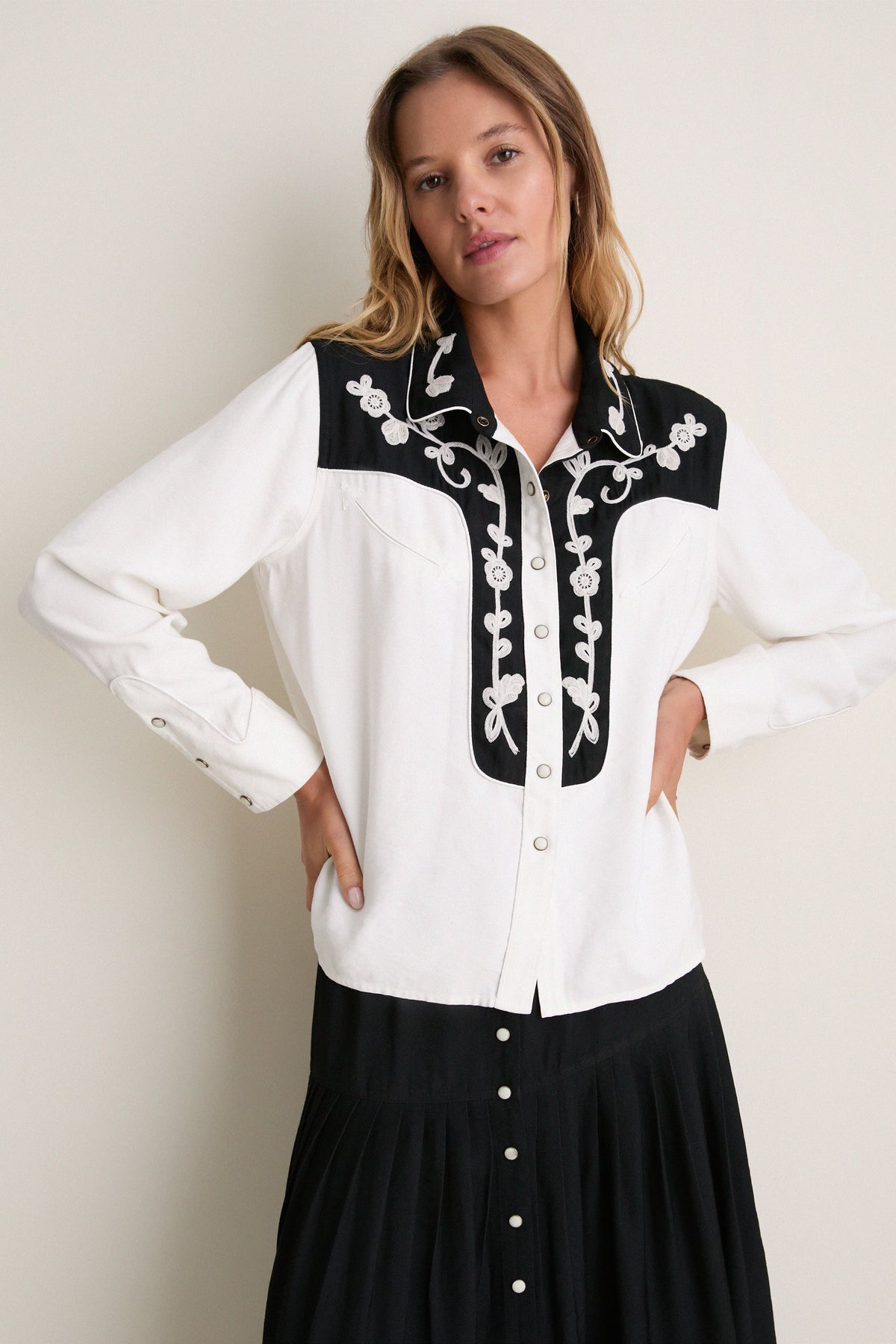 Cream with Black Color Block Embroidered Western Shirt