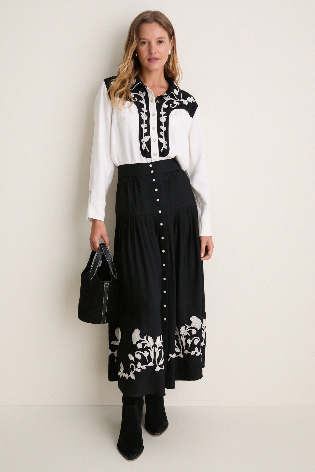 Cream with Black Western Embroidered Highland Skirt
