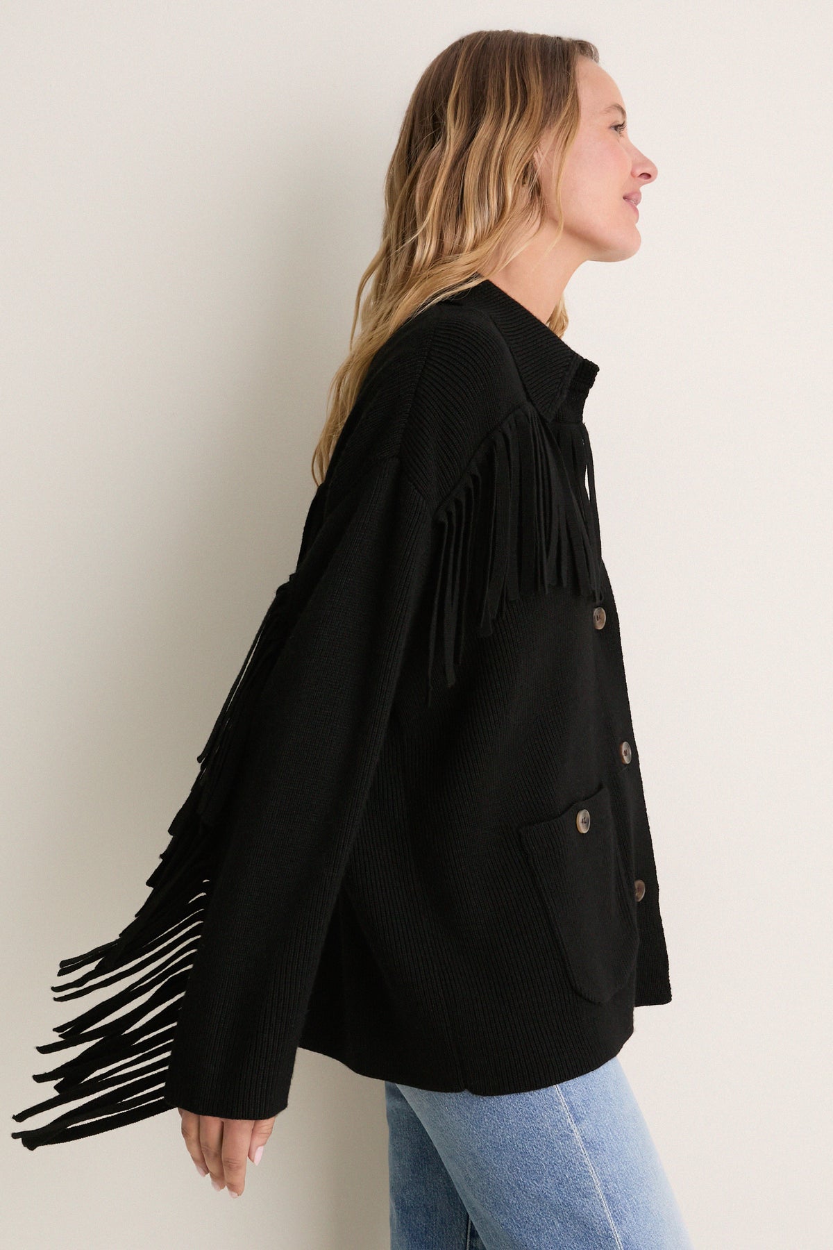 Black Western Fringe Sweater Jacket