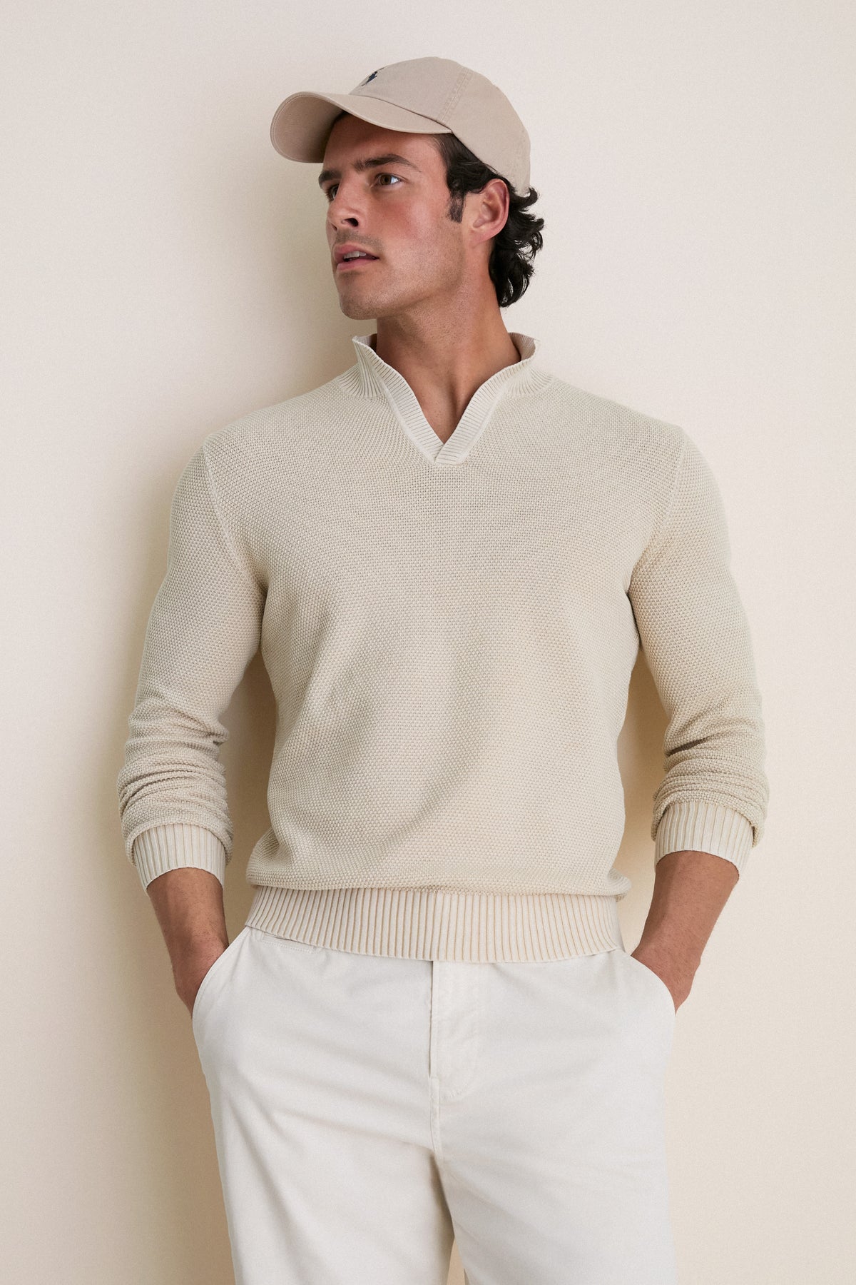 Sand Birdseye Cotton Split-Neck Sweater