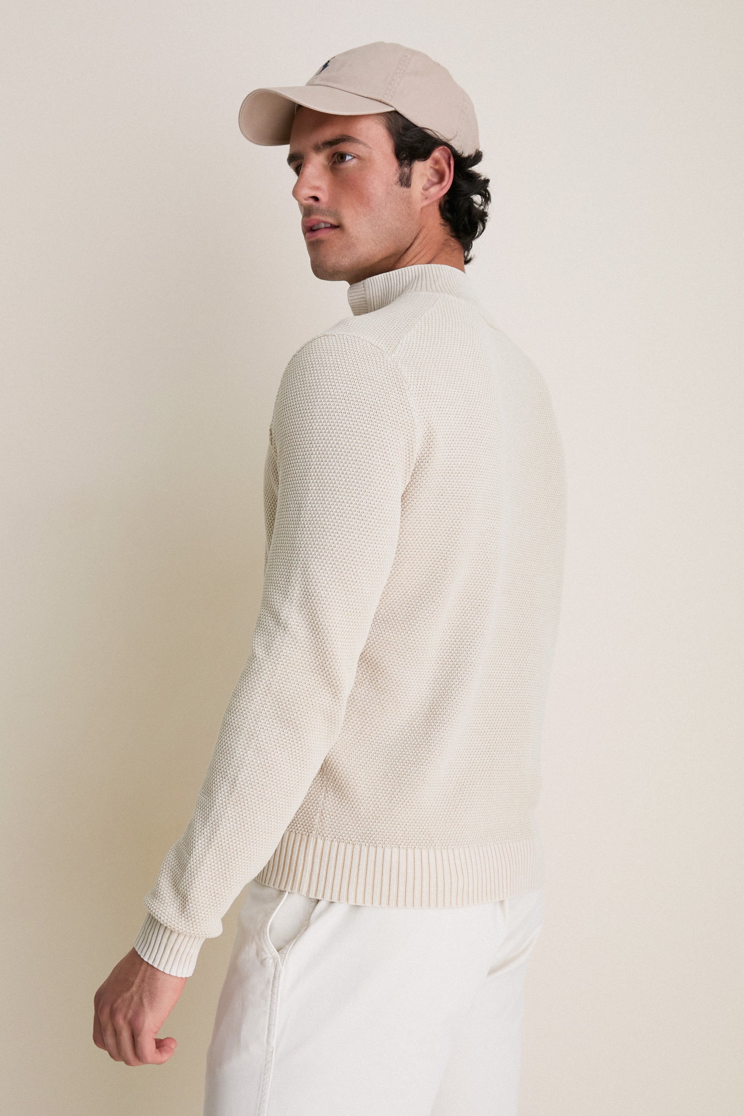 Sand Birdseye Cotton Split-Neck Sweater