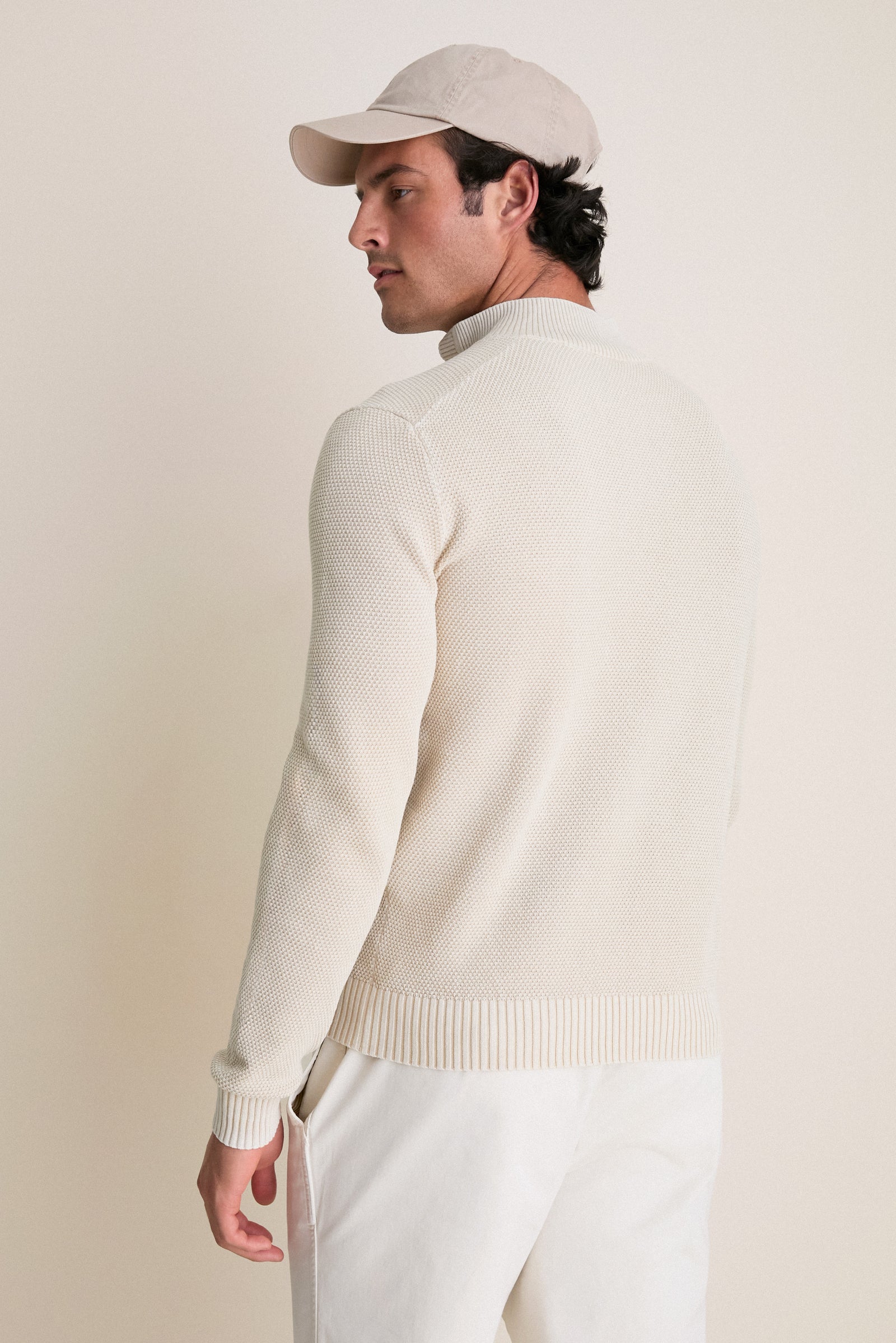 Sand Birdseye Cotton Split-Neck Sweater