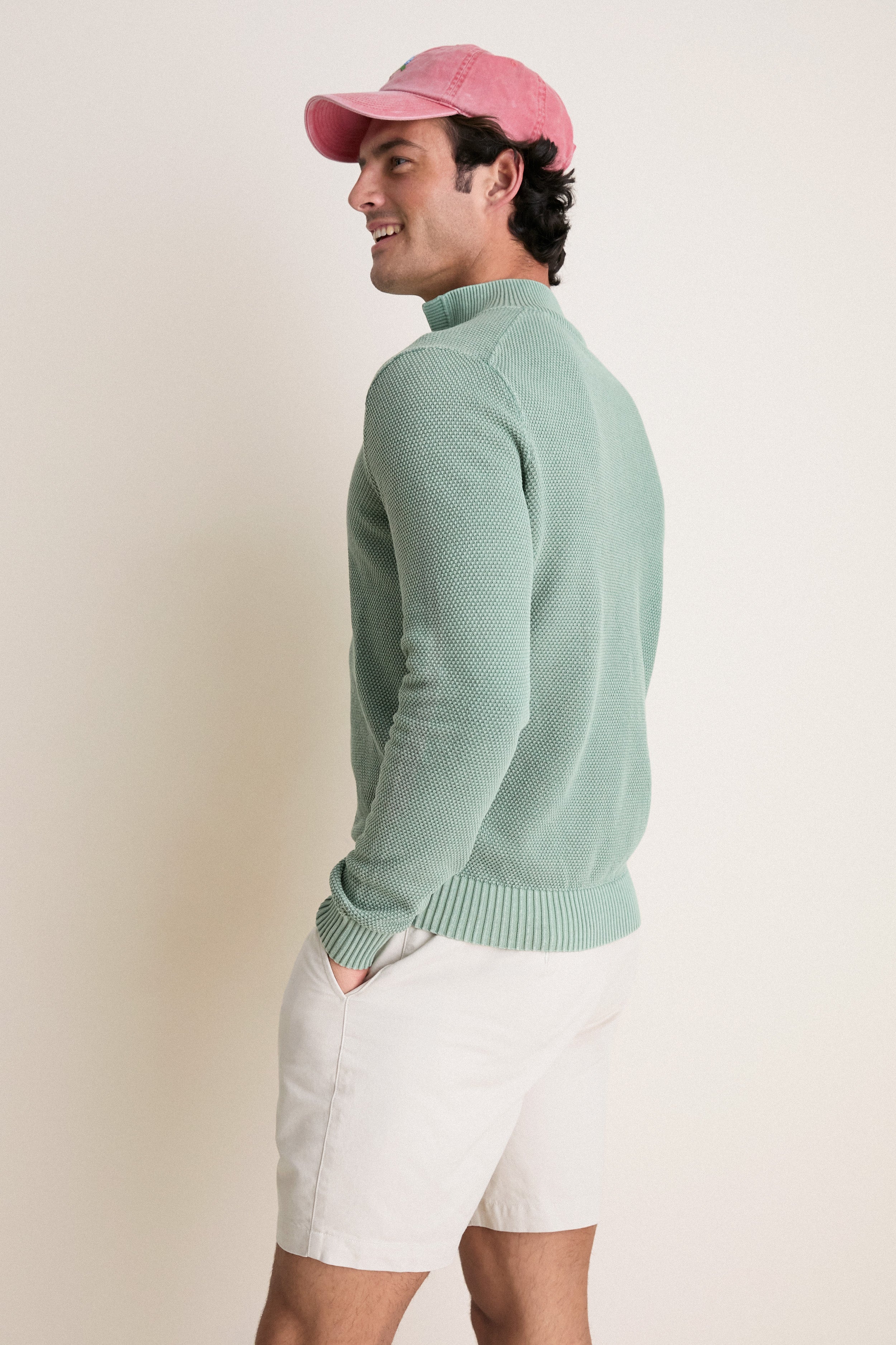 Moss Birdseye Cotton Split-Neck Sweater