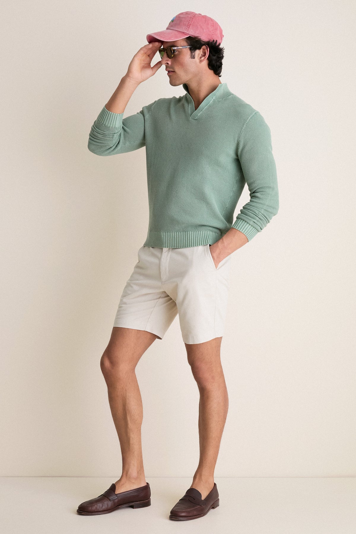 Moss Birdseye Cotton Split-Neck Sweater