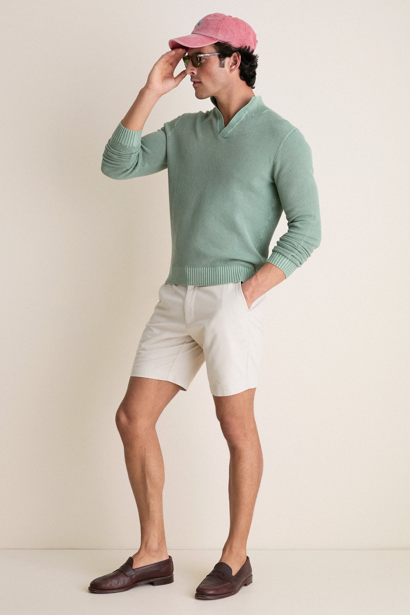 Moss Birdseye Cotton Split-Neck Sweater