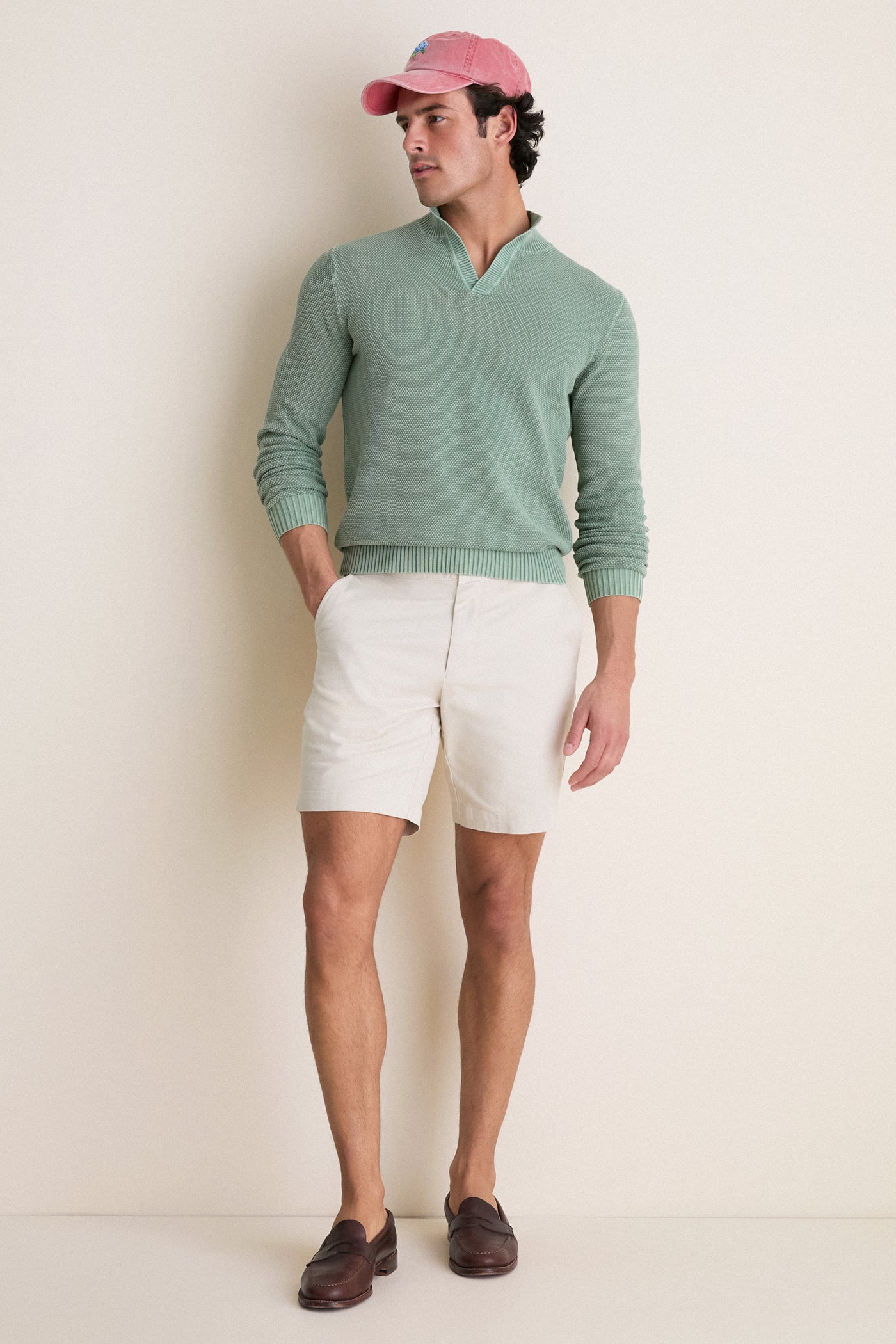 Moss Birdseye Cotton Split-Neck Sweater
