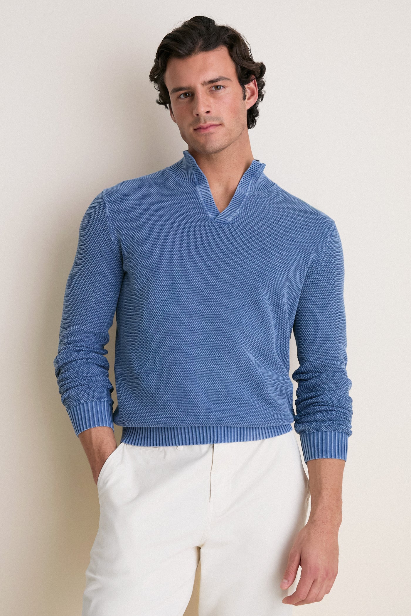 Chambray Blue Birdseye Cotton Split-Neck Sweater
