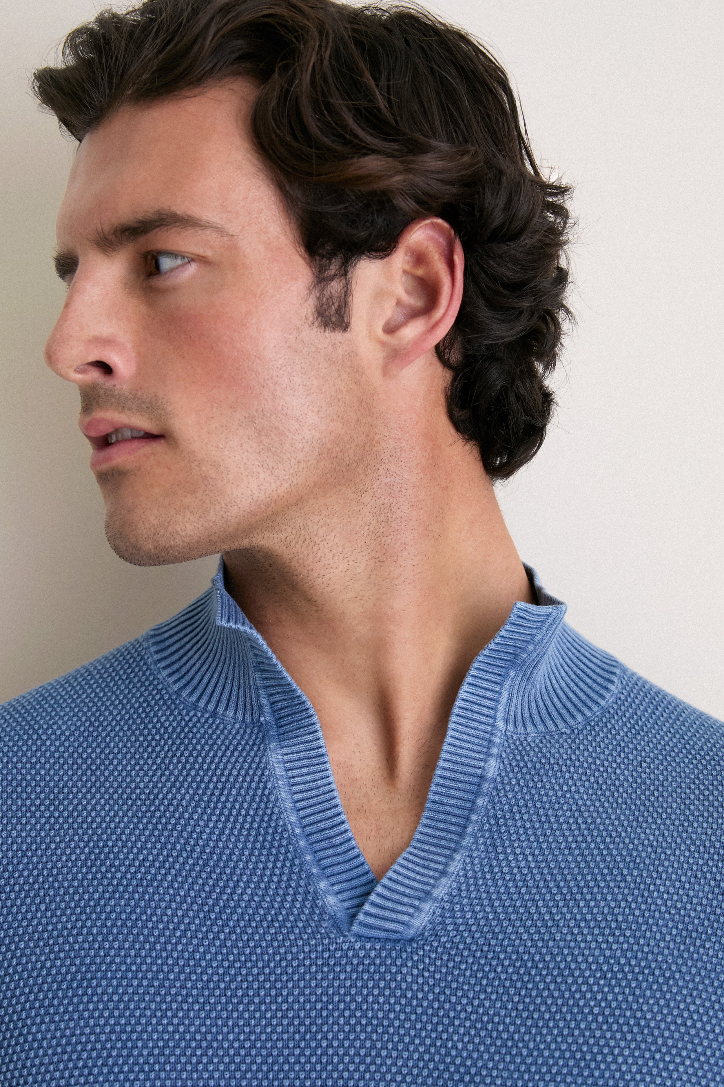 Chambray Blue Birdseye Cotton Split-Neck Sweater