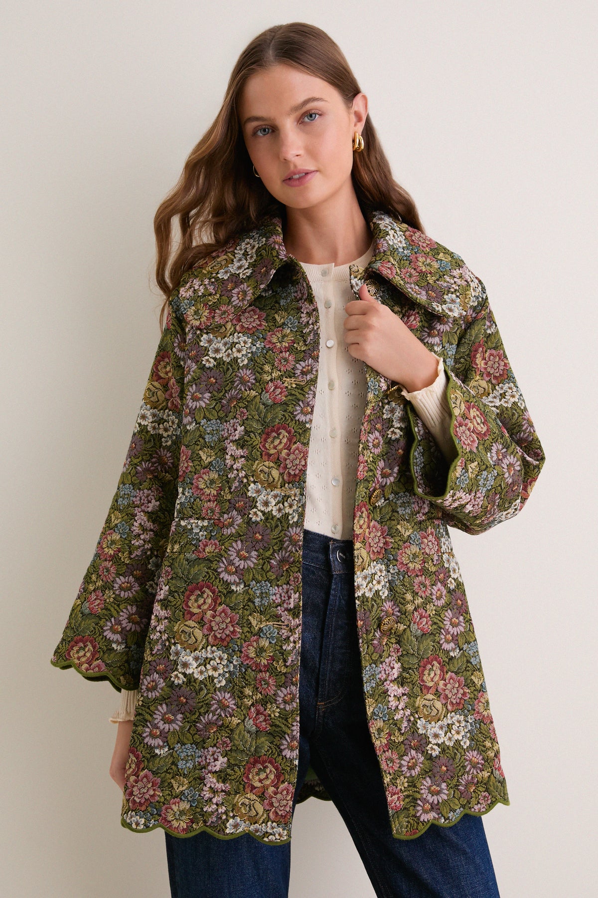 Green Flower Jacquard Trenchcoat