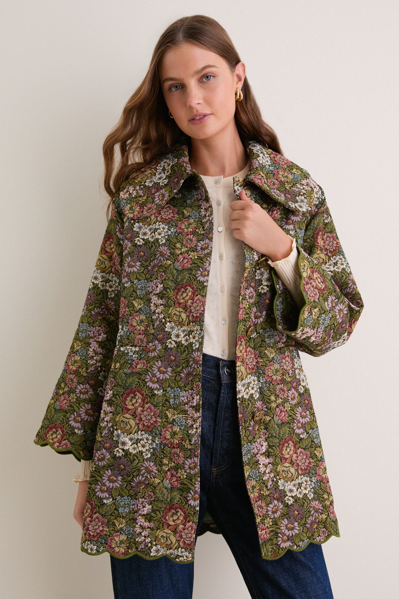 Green Flower Jacquard Trenchcoat