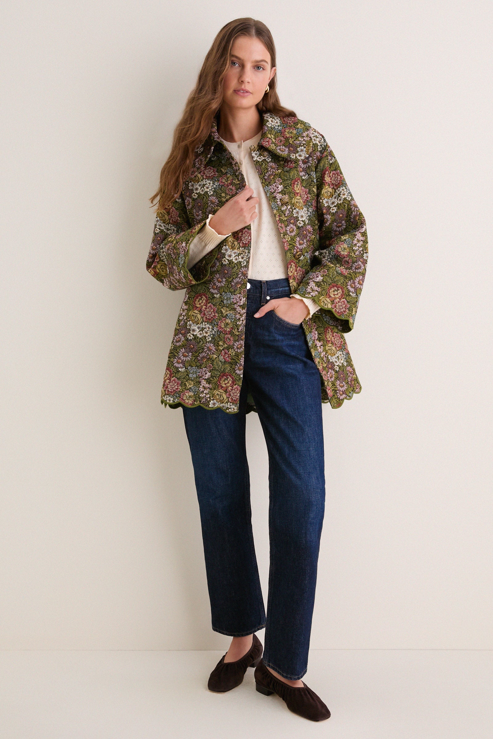 Green Flower Jacquard Trenchcoat