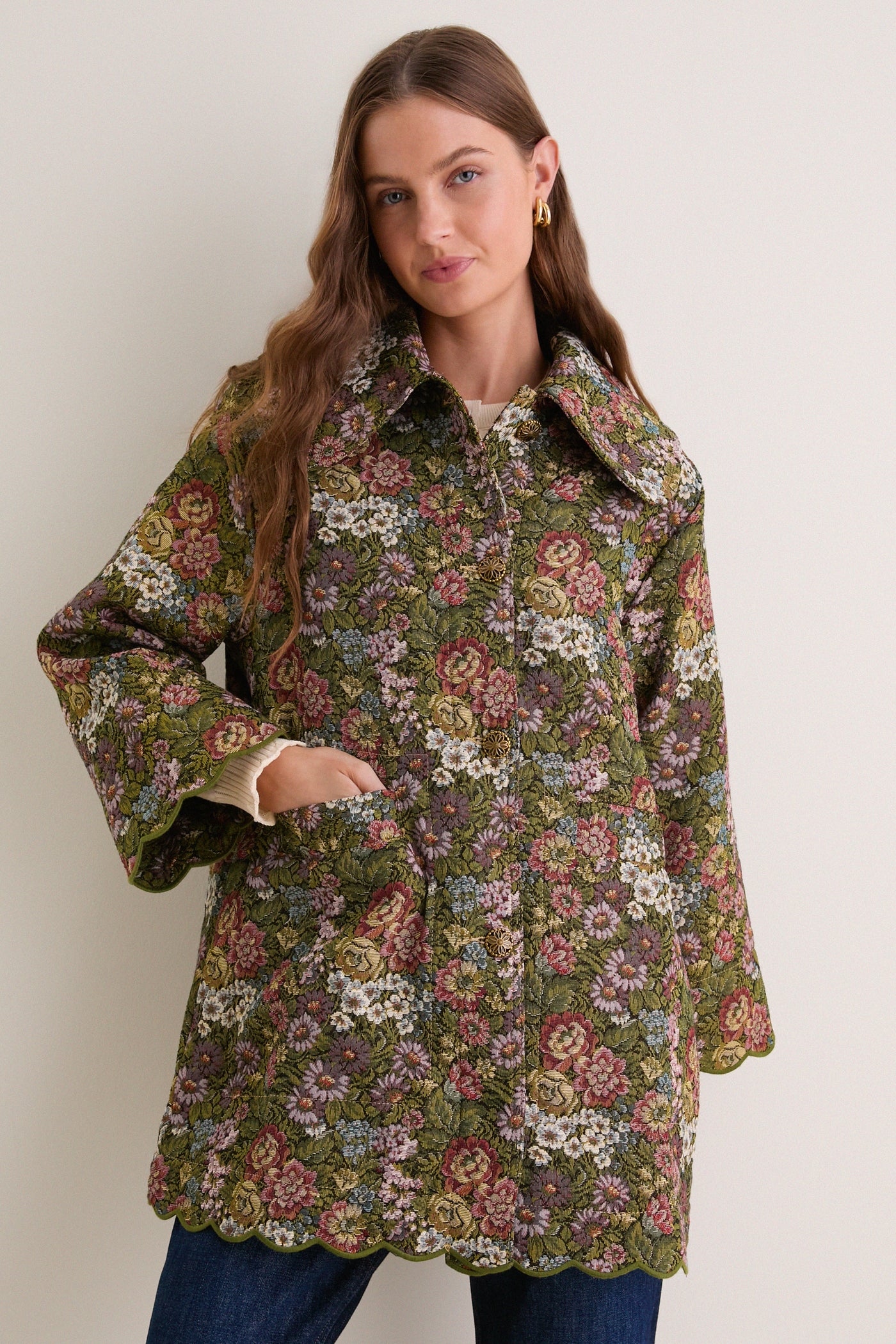 Green Flower Jacquard Trenchcoat