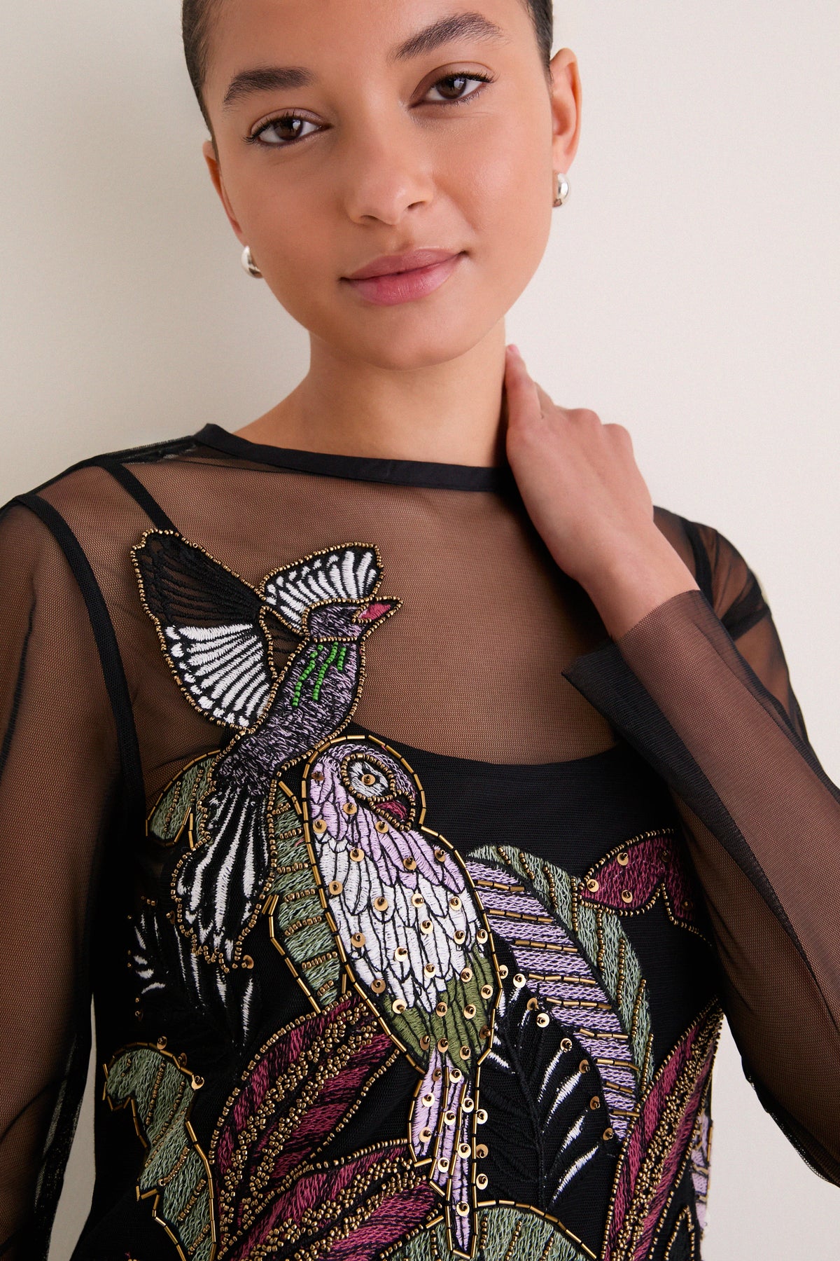 Black Full Bird Long Sleeve Mini Dress