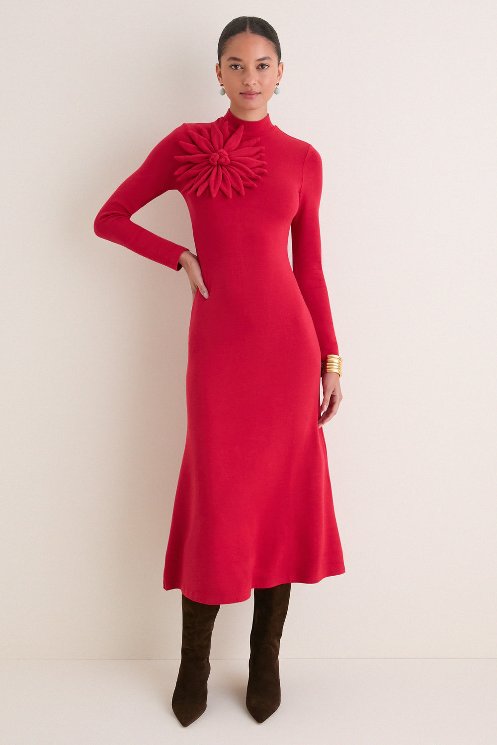 Red Long Sleeve Flower Maxi Dress