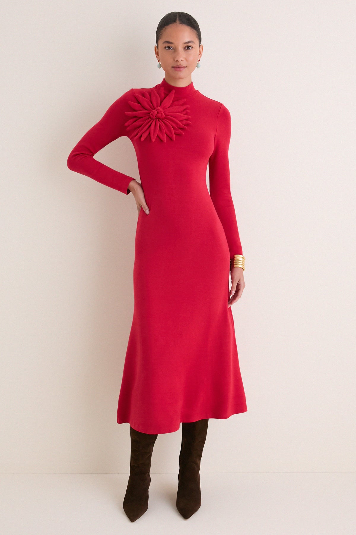 Red Long Sleeve Flower Maxi Dress