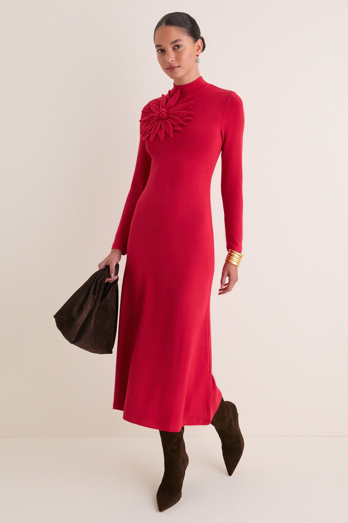Red Long Sleeve Flower Maxi Dress