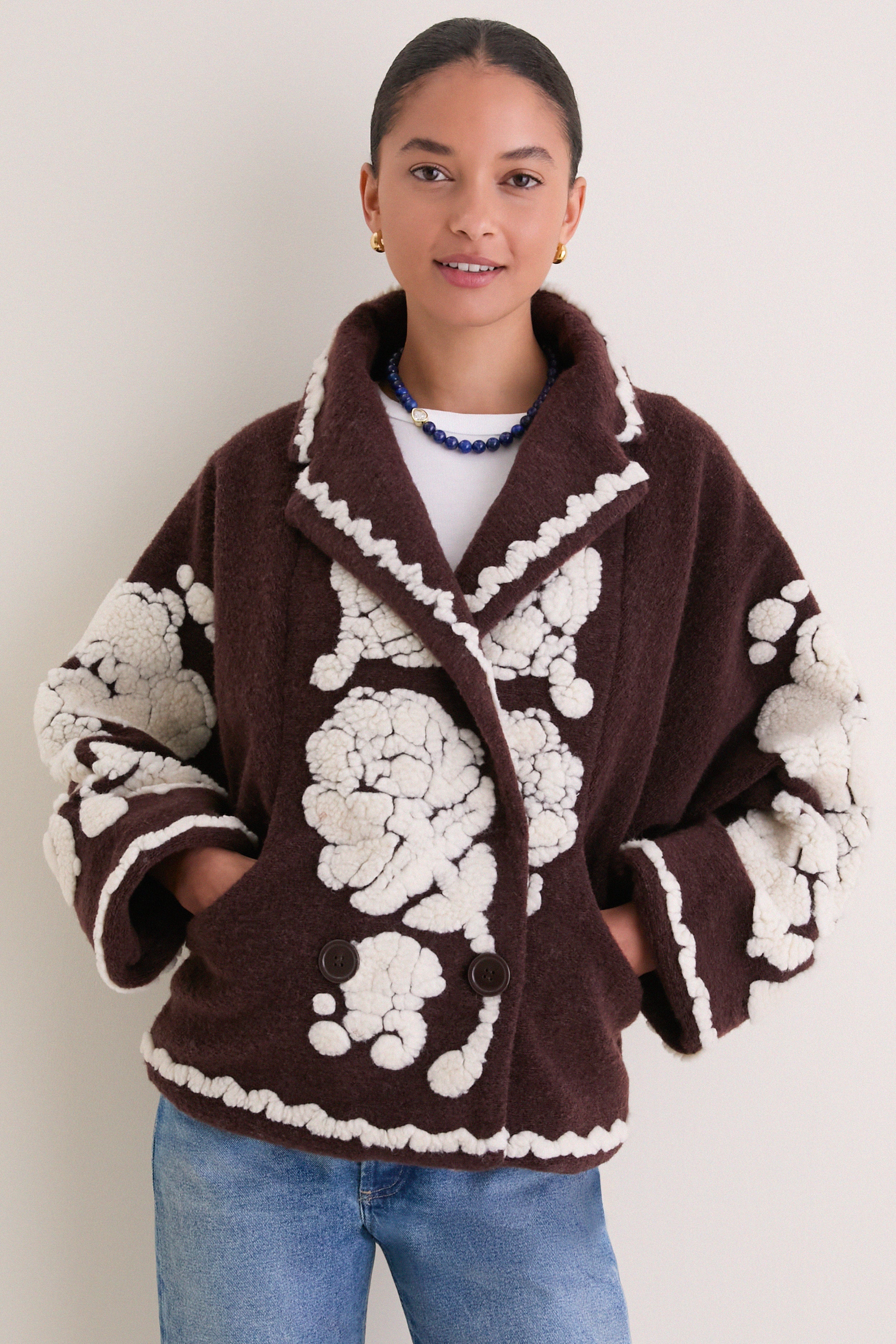 45R フロート縮絨ニットチュニック　ウール100 フラワー Flowers Brown Coat | Farm Rio