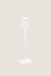 White Poldina Pro Table Micro Lamp with a classic, modern design; features touch control, dimmable LED, and cordless use, perfect for effortless indoor or outdoor illumination.