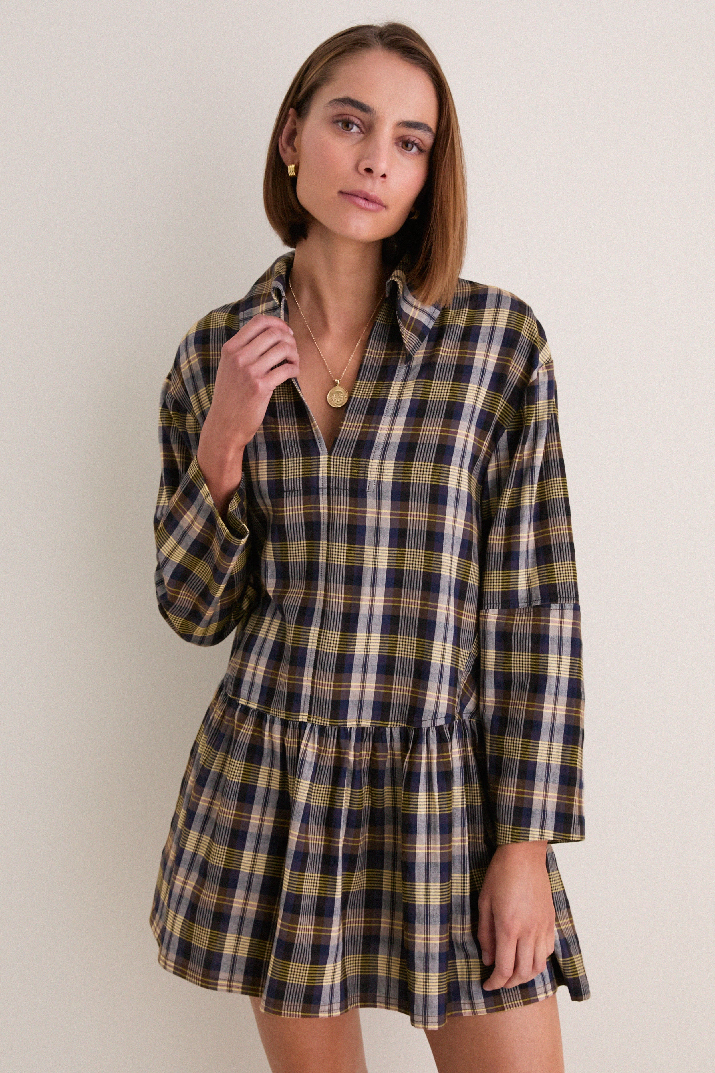 Basket Weave Plaid Romana Mini Dress