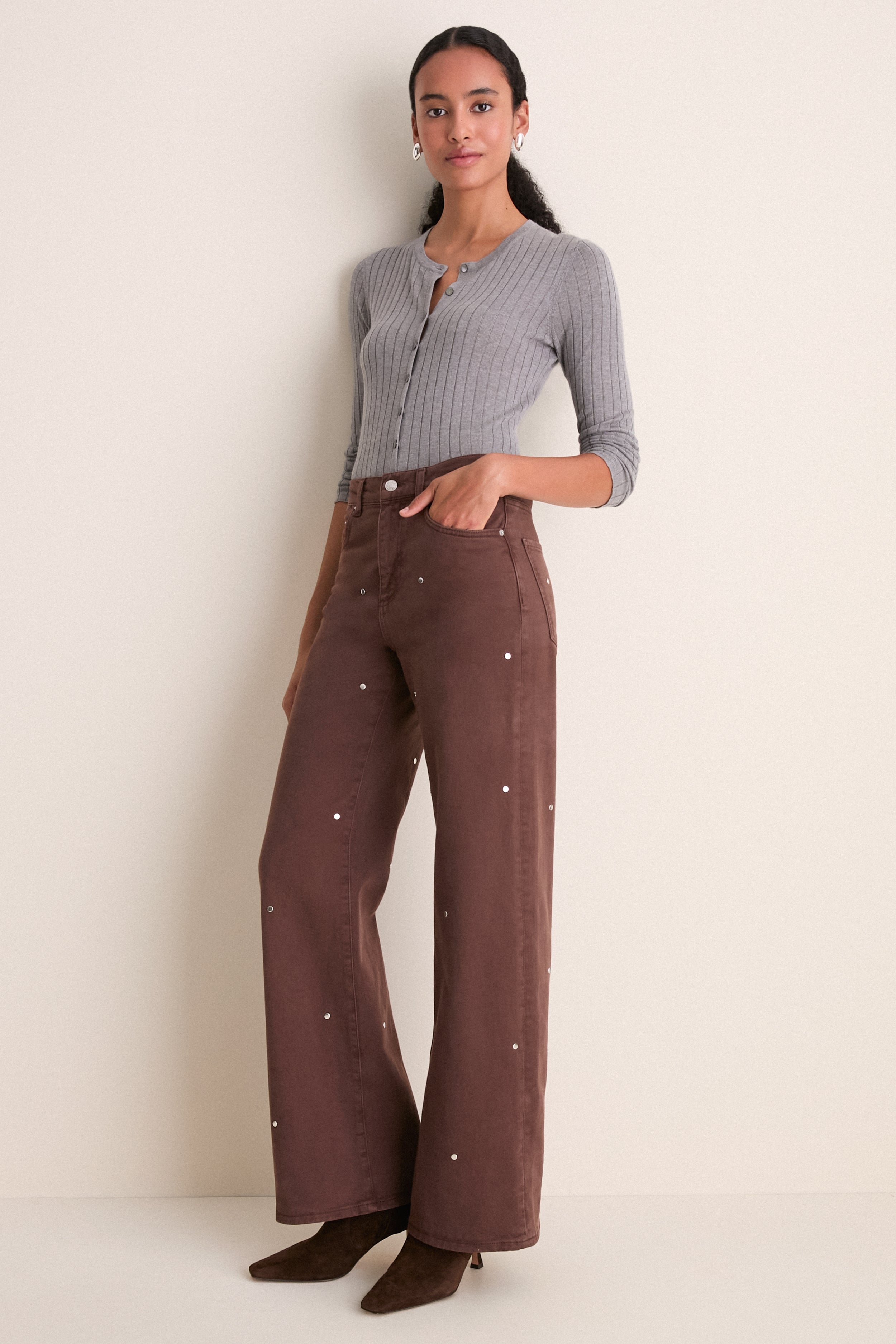 Chocolate Brown Studded Column Jean