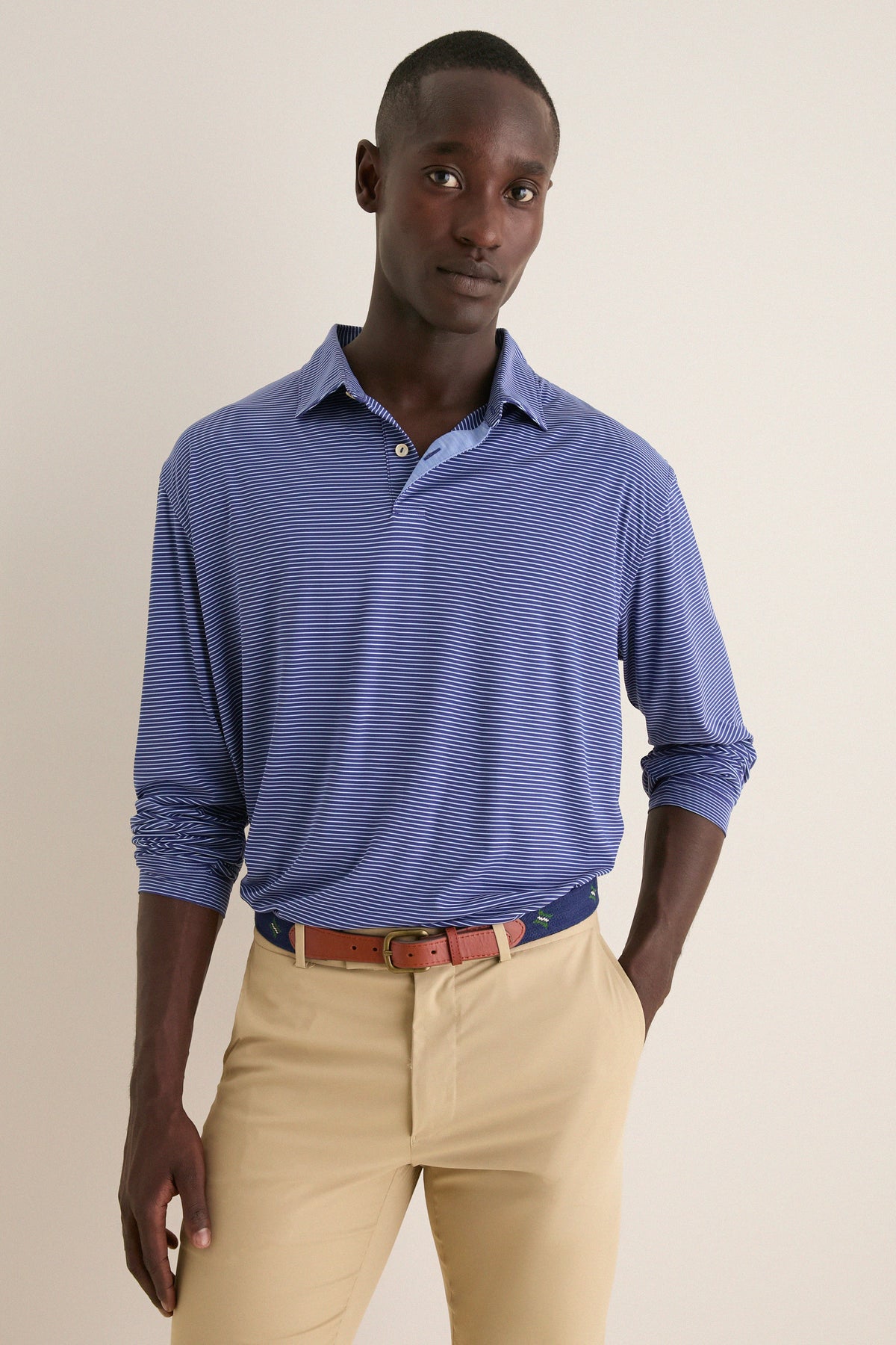 Sport Navy Featherweight Park Stripe Performance Long Sleeve Polo