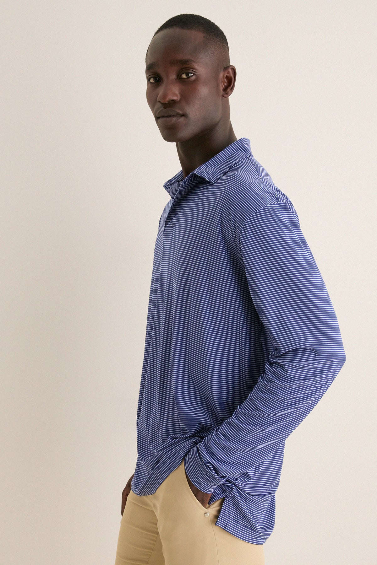Sport Navy Featherweight Park Stripe Performance Long Sleeve Polo