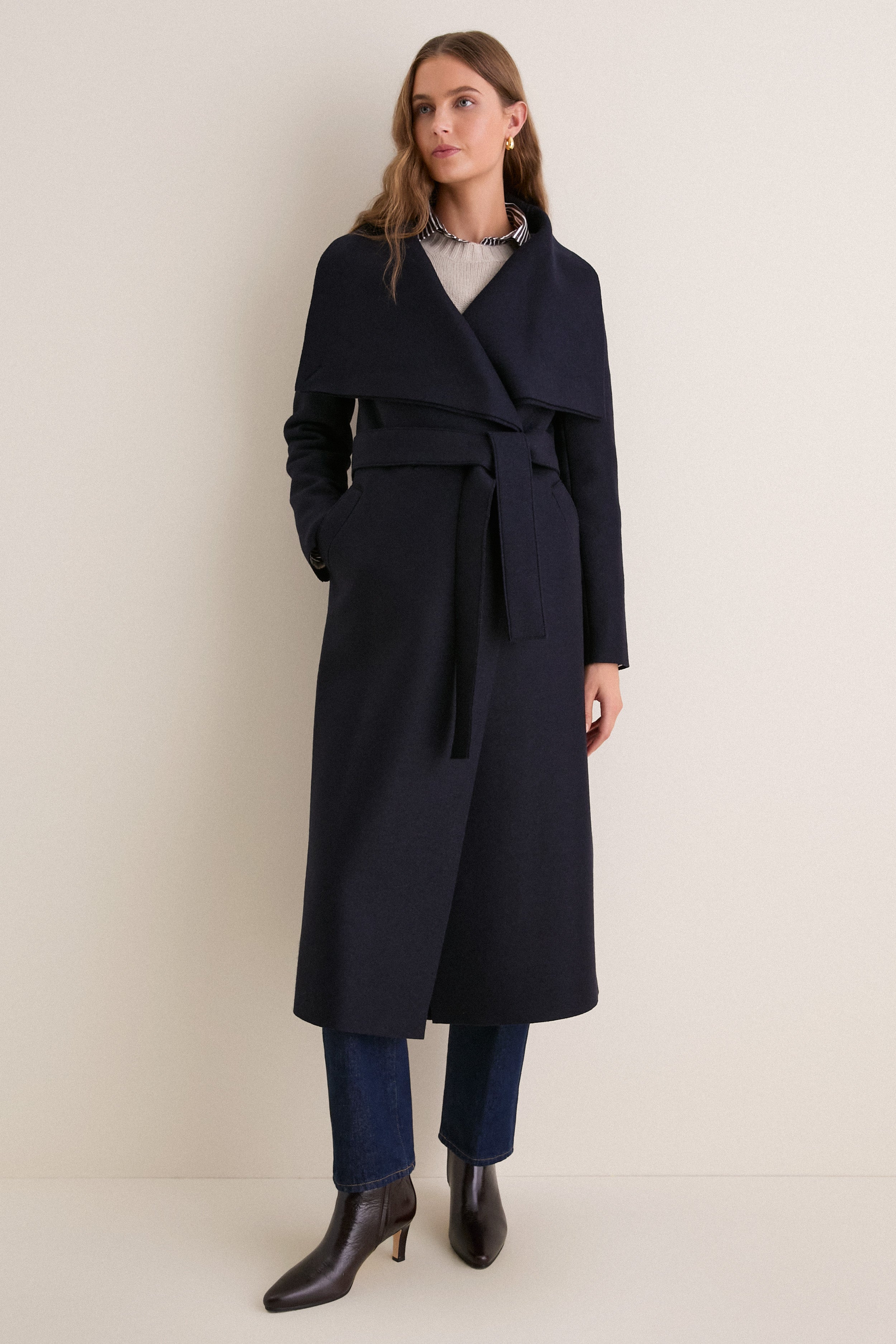 Navy Blue Pressed Wool Long Volcano Coat | Harris Wharf London