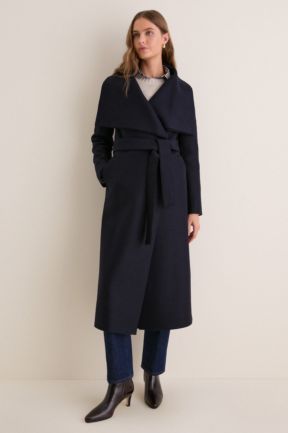 Navy Blue Pressed Wool Long Volcano Coat