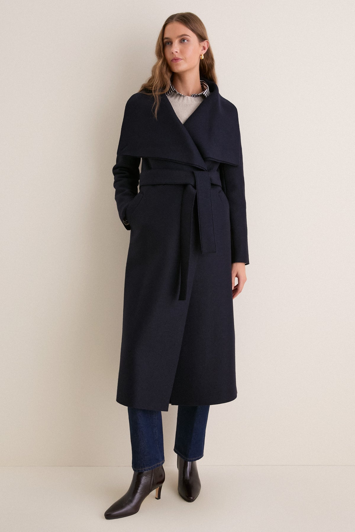 Navy Blue Pressed Wool Long Volcano Coat