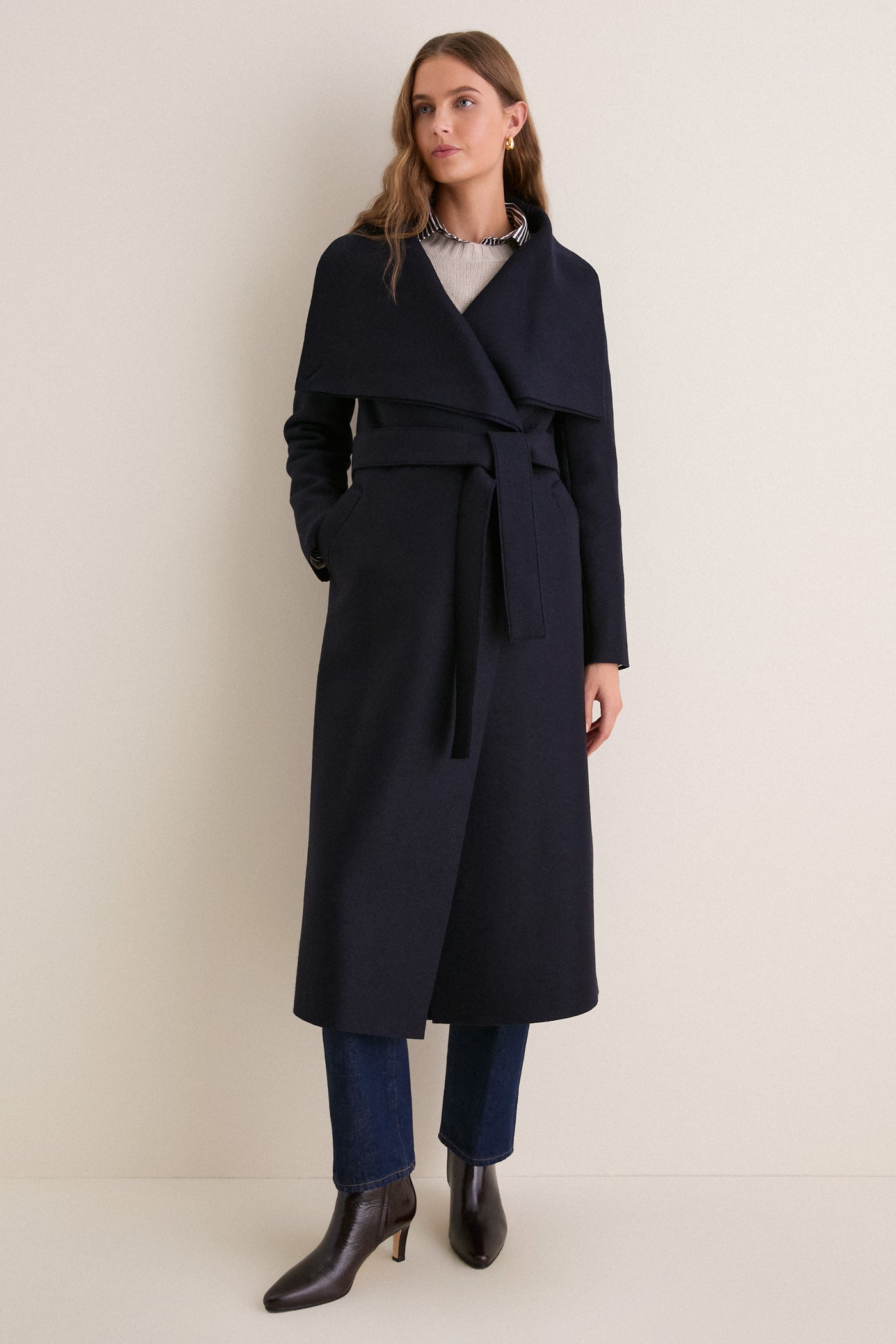 Navy Blue Pressed Wool Long Volcano Coat