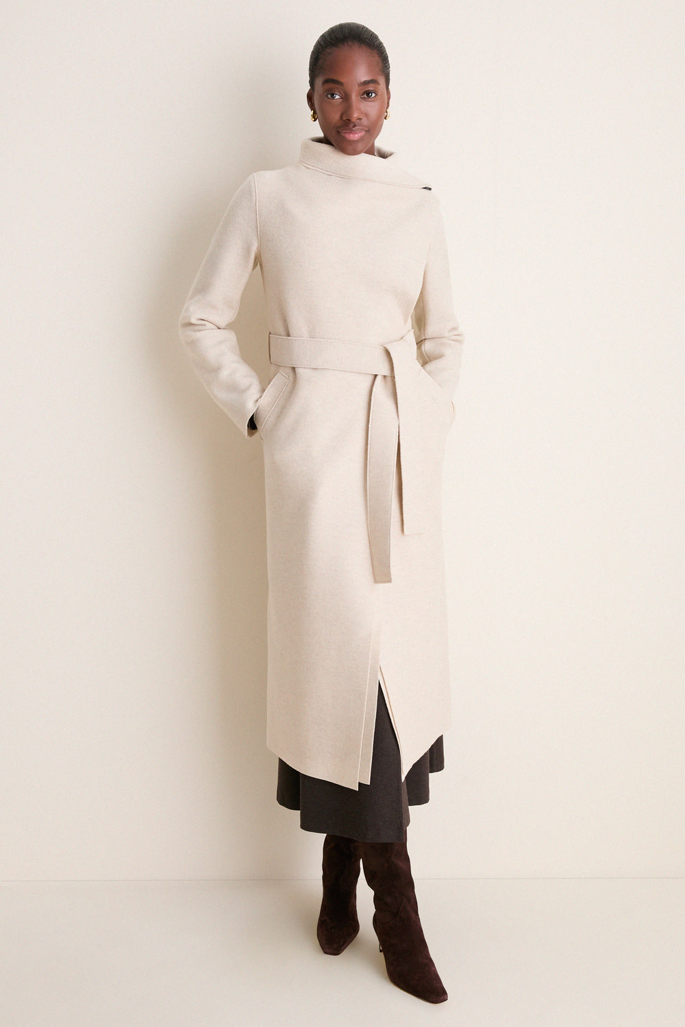 Oat Melange Pressed Wool Long Volcano Coat
