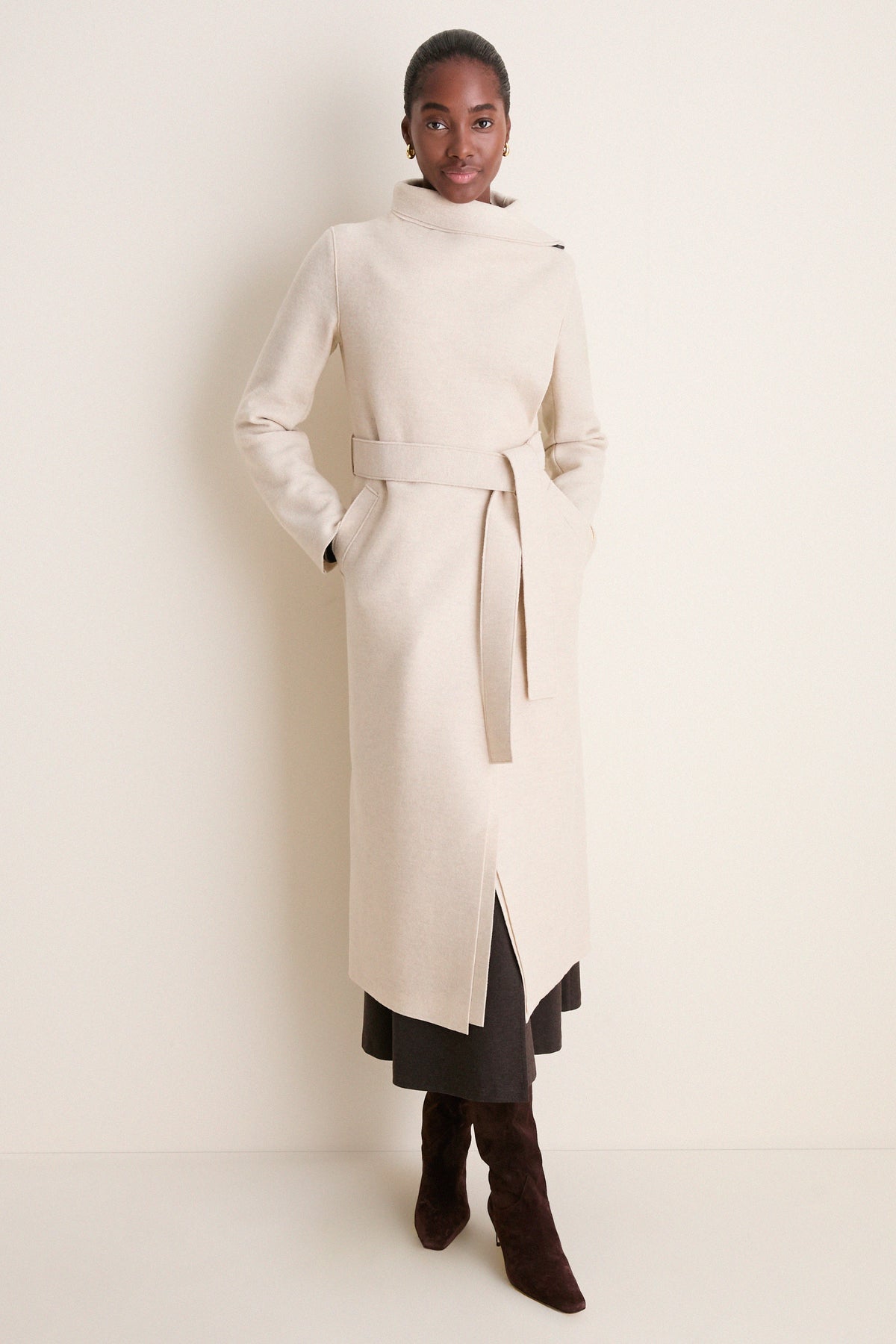 Oat Melange Pressed Wool Long Volcano Coat