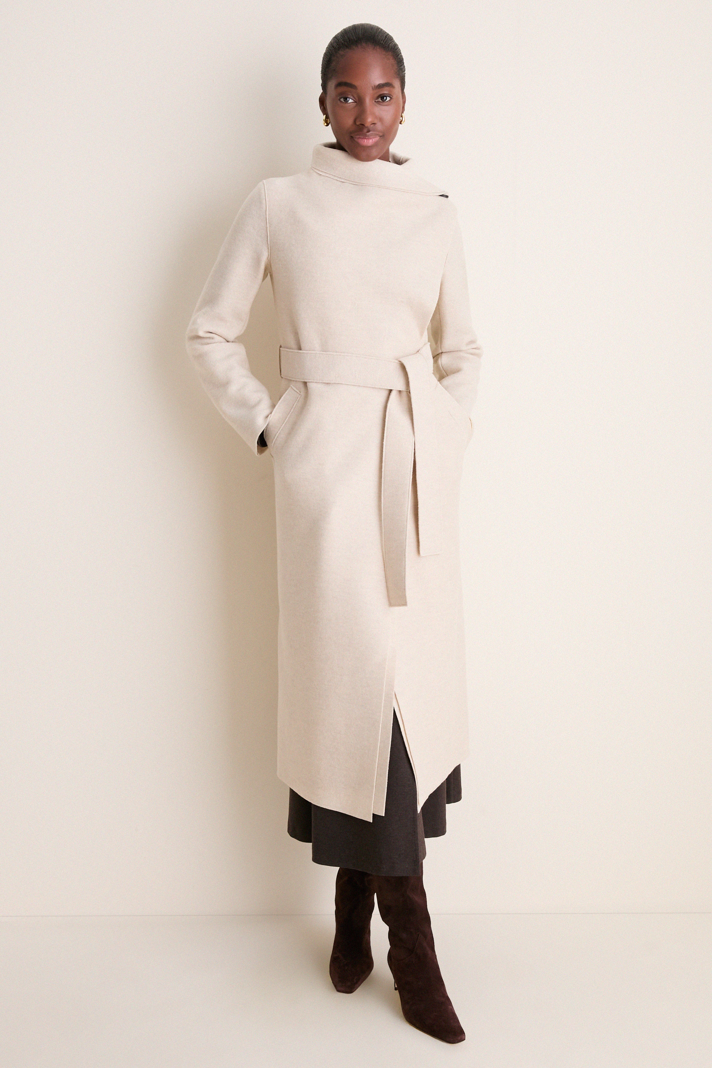 Oat Melange Pressed Wool Long Volcano Coat