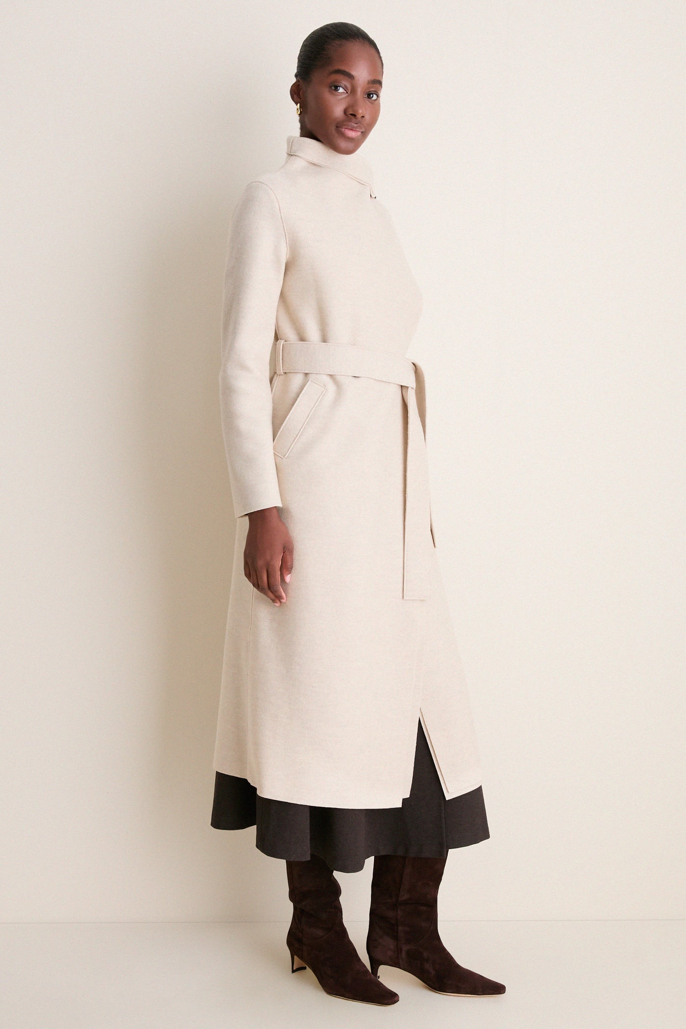 Oat Melange Pressed Wool Long Volcano Coat