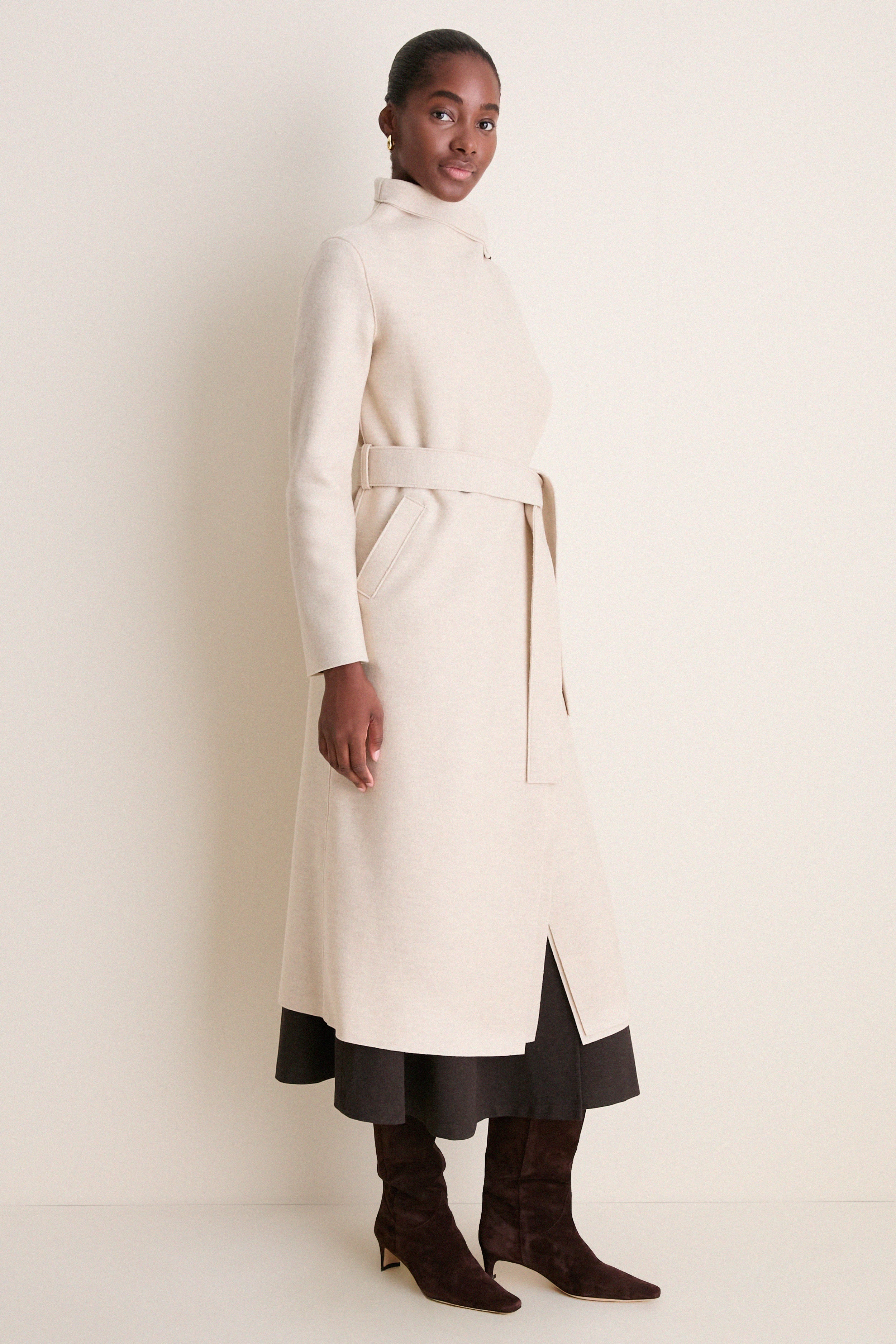 Oat Melange Pressed Wool Long Volcano Coat