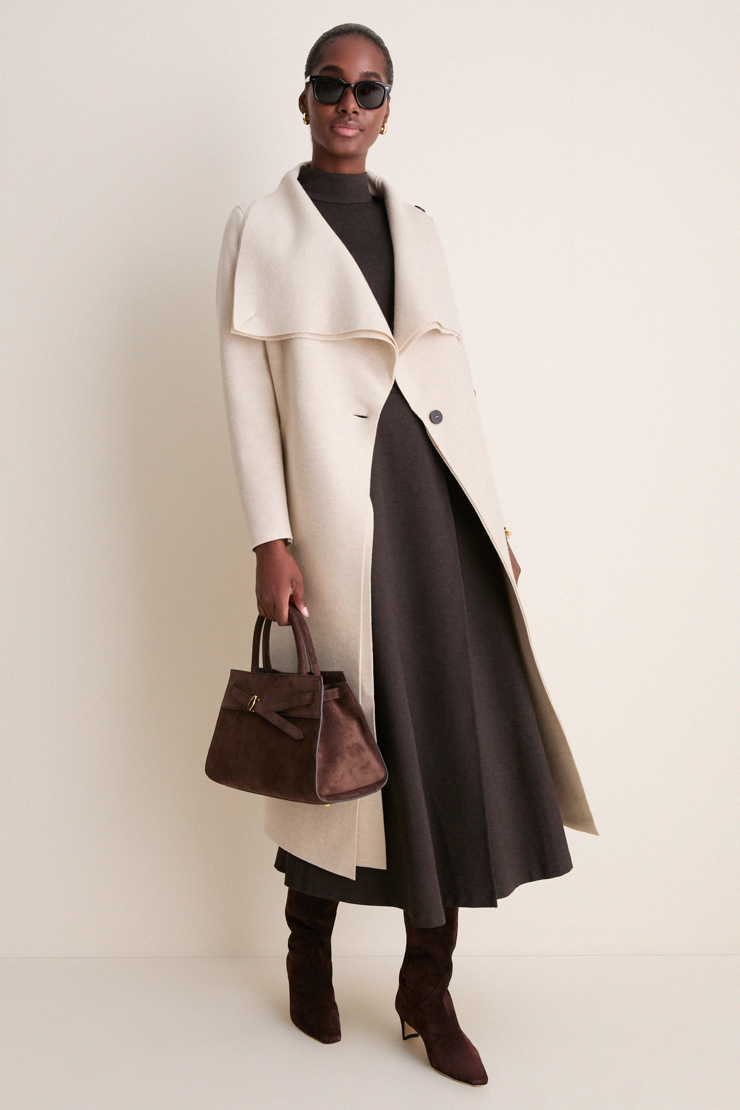 Oat Melange Pressed Wool Long Volcano Coat