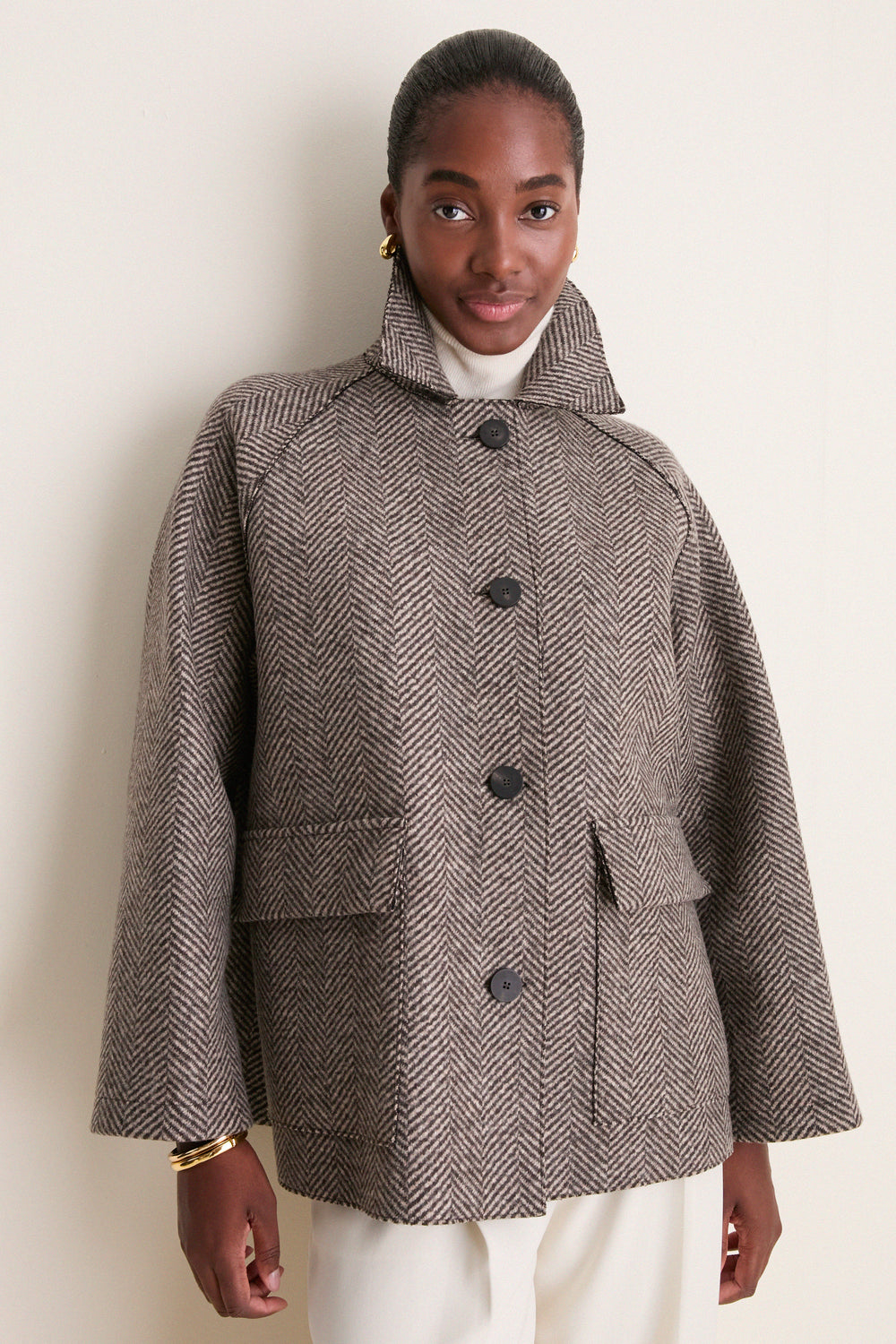 Cream and Brown Herringbone Patterned Cashmere Blend Raglan Jacket
