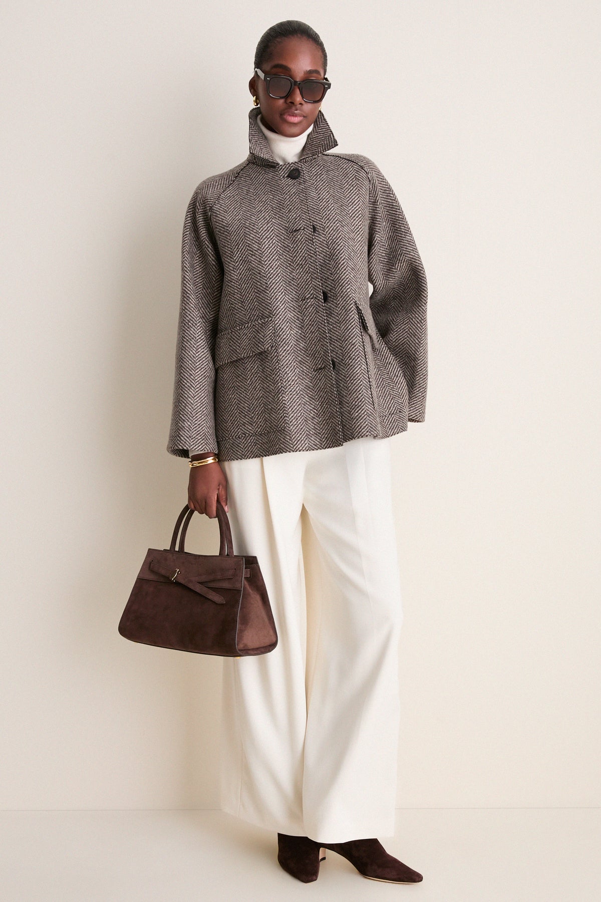 Cream and Brown Herringbone Patterned Cashmere Blend Raglan Jacket