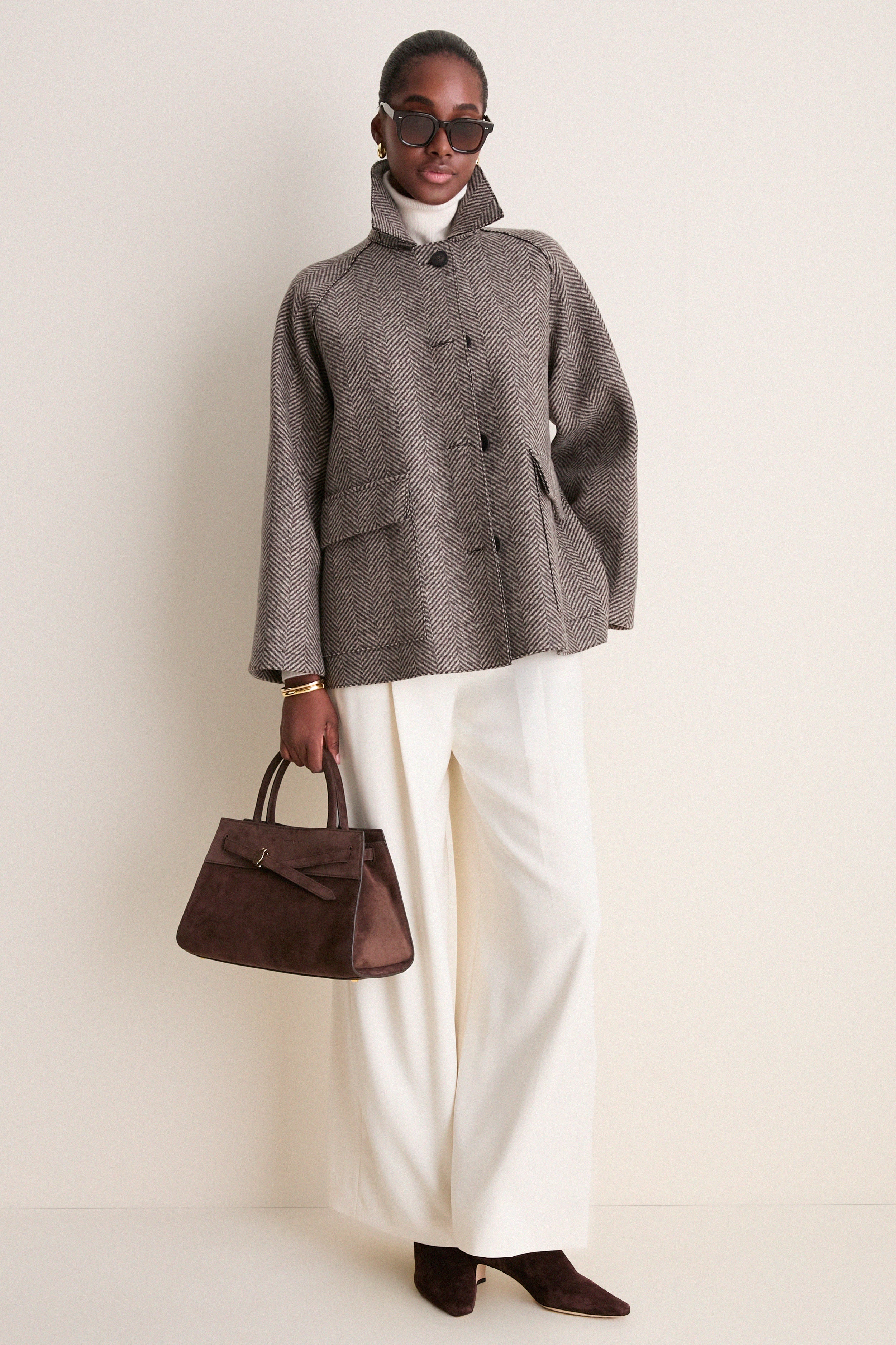 Cream and Brown Herringbone Patterned Cashmere Blend Raglan Jacket