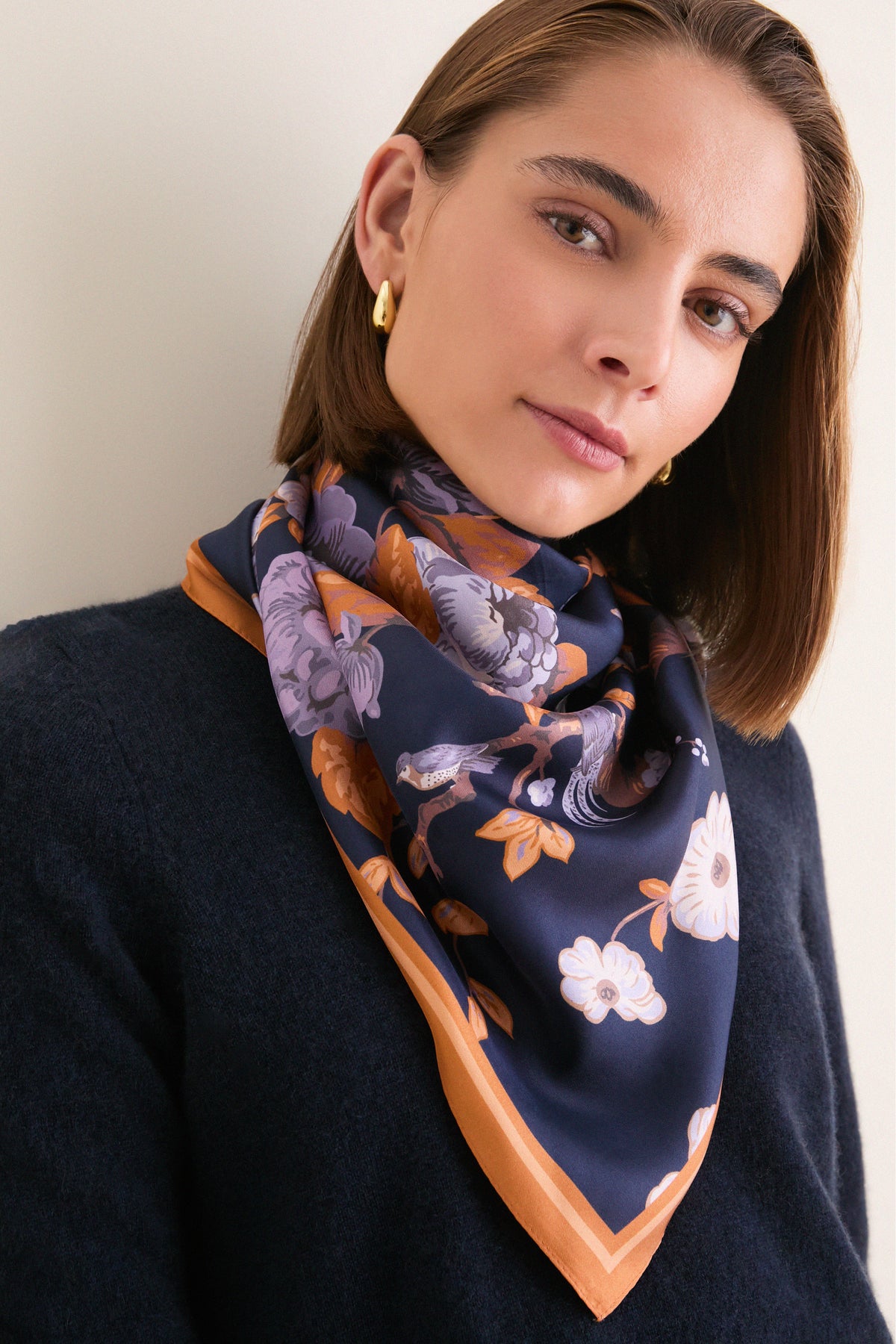 Navy Baroque Floral Medium Silk Scarf