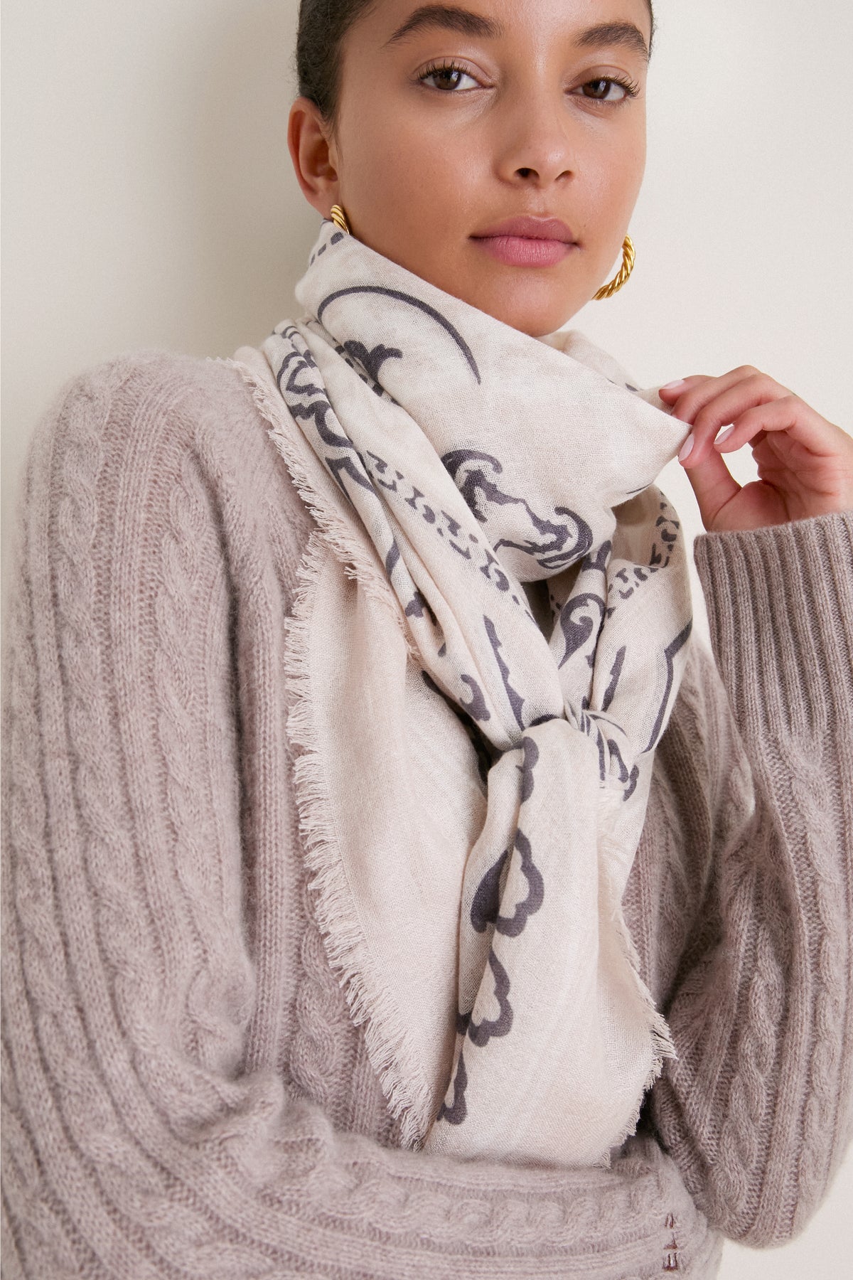 Cream Bandana Silk Cashmere Blend Large Scarf