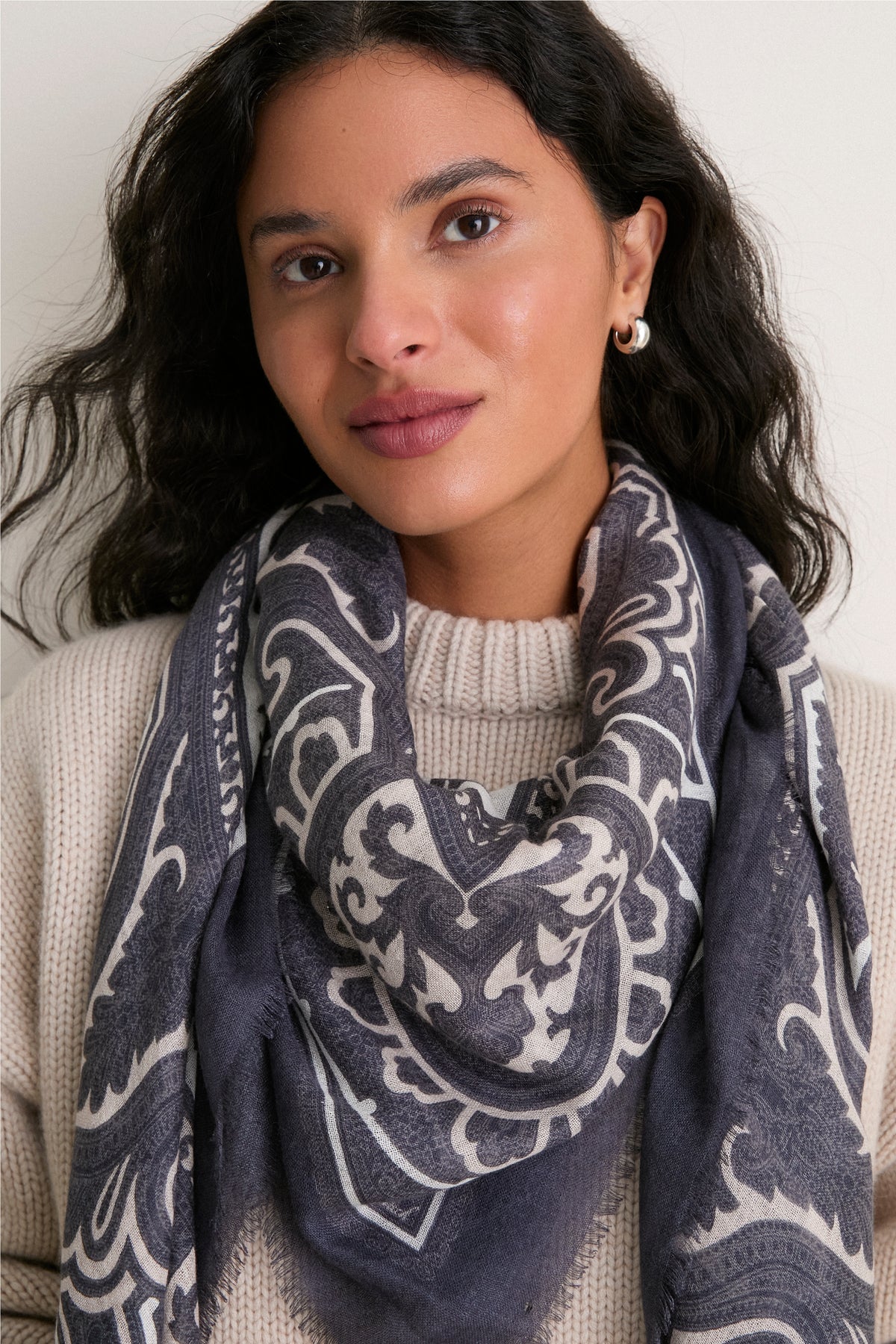 Navy Bandana Silk Cashmere Blend Large Scarf